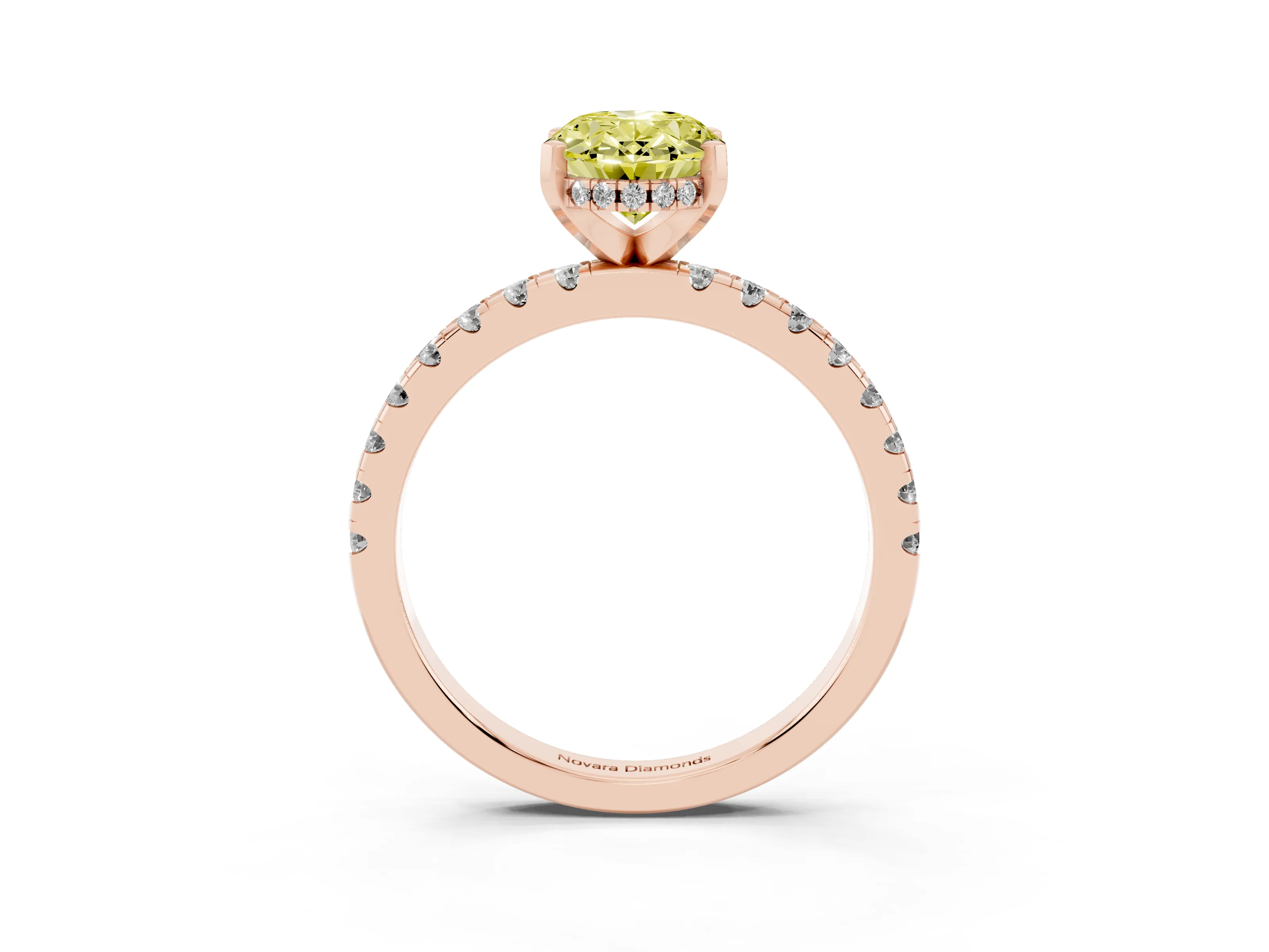 Fancy Yellow Oval Cut Diamond Pavé Solitaire Ring Set in Rose gold with Round Band Accents and Prong Setting