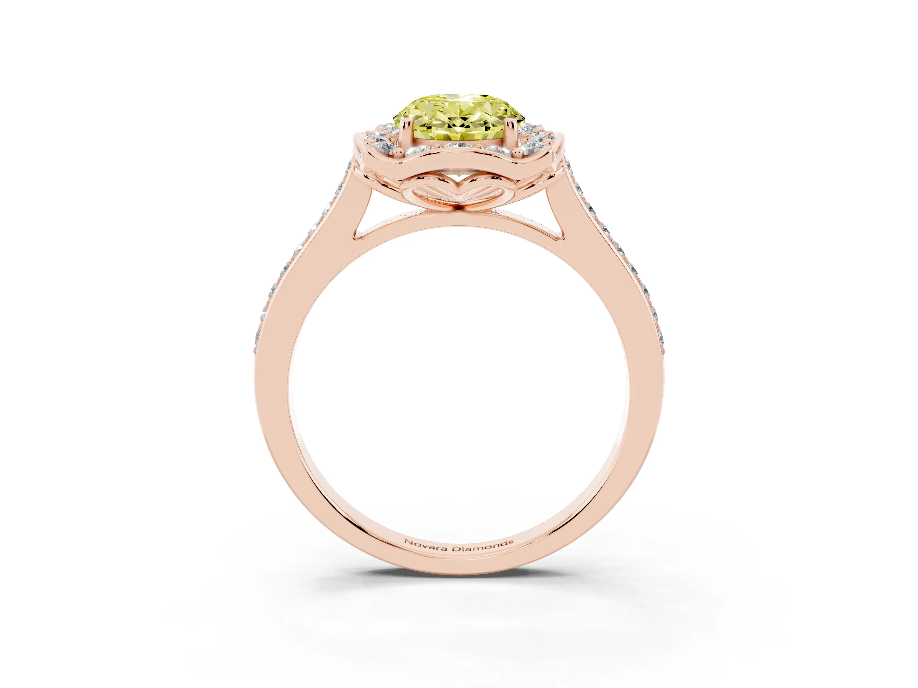 Fancy Yellow Oval Cut Diamond Halo Ring Set in Rose gold with Pavé-Lined Shoulders and Prong Setting