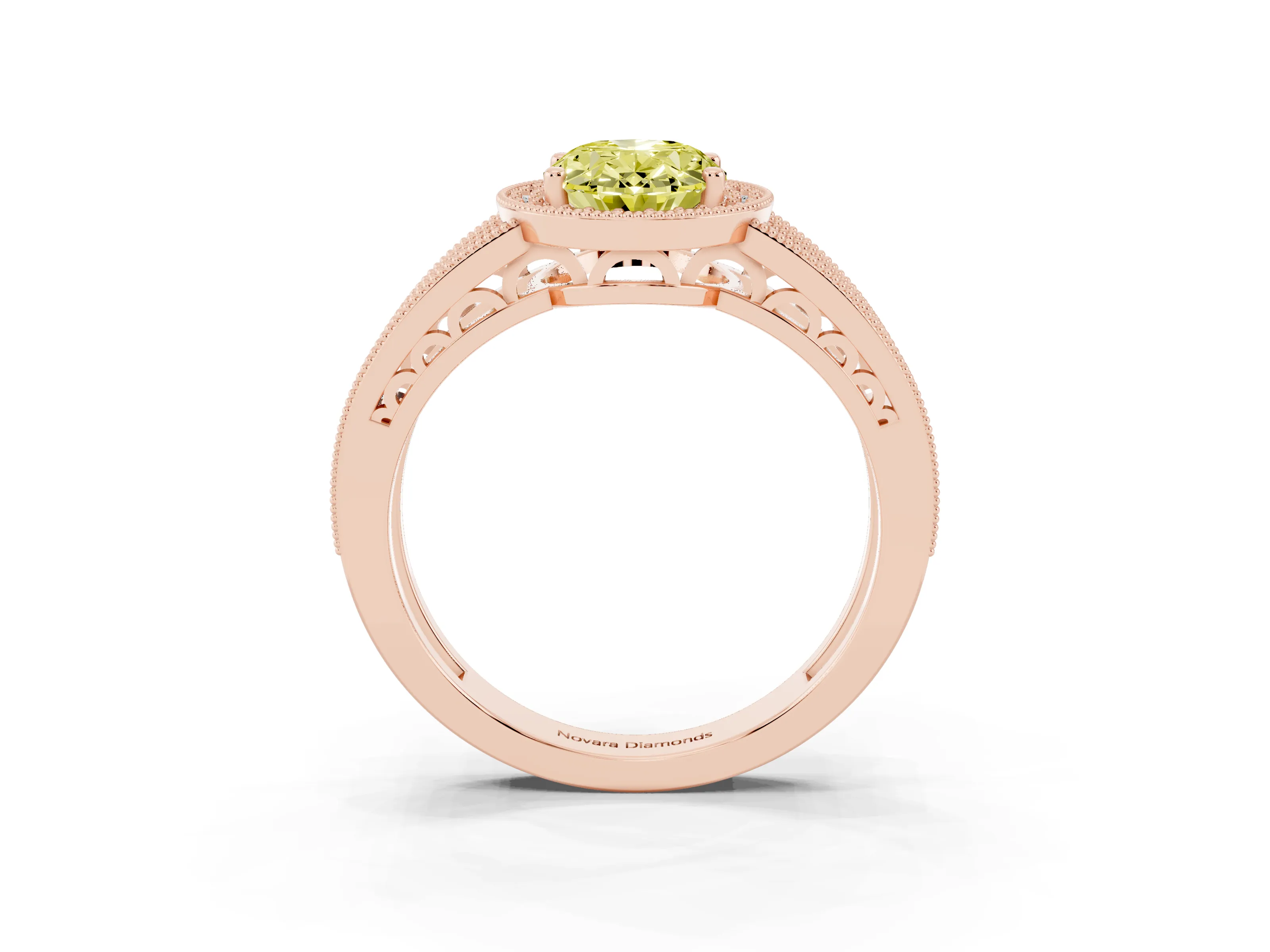 Fancy Yellow Oval Cut Diamond Halo Ring Set in Rose gold with Accent Split Shank and Prong Setting