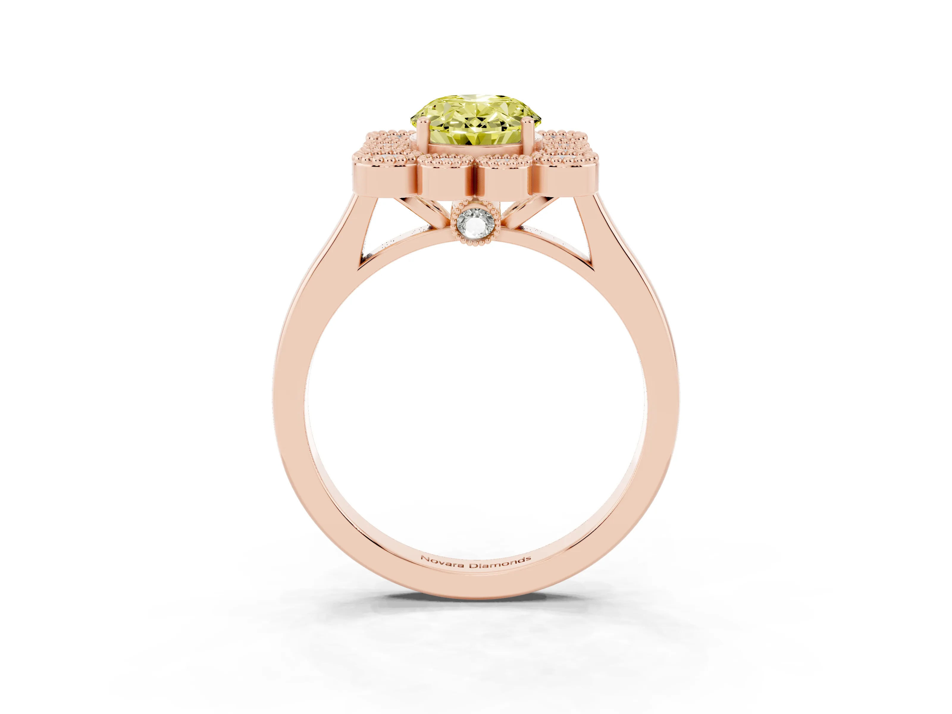 Fancy Yellow Oval Cut Diamond Cluster Halo Ring Set in Rose gold with Milgrain Bezel Accents and Plain Band