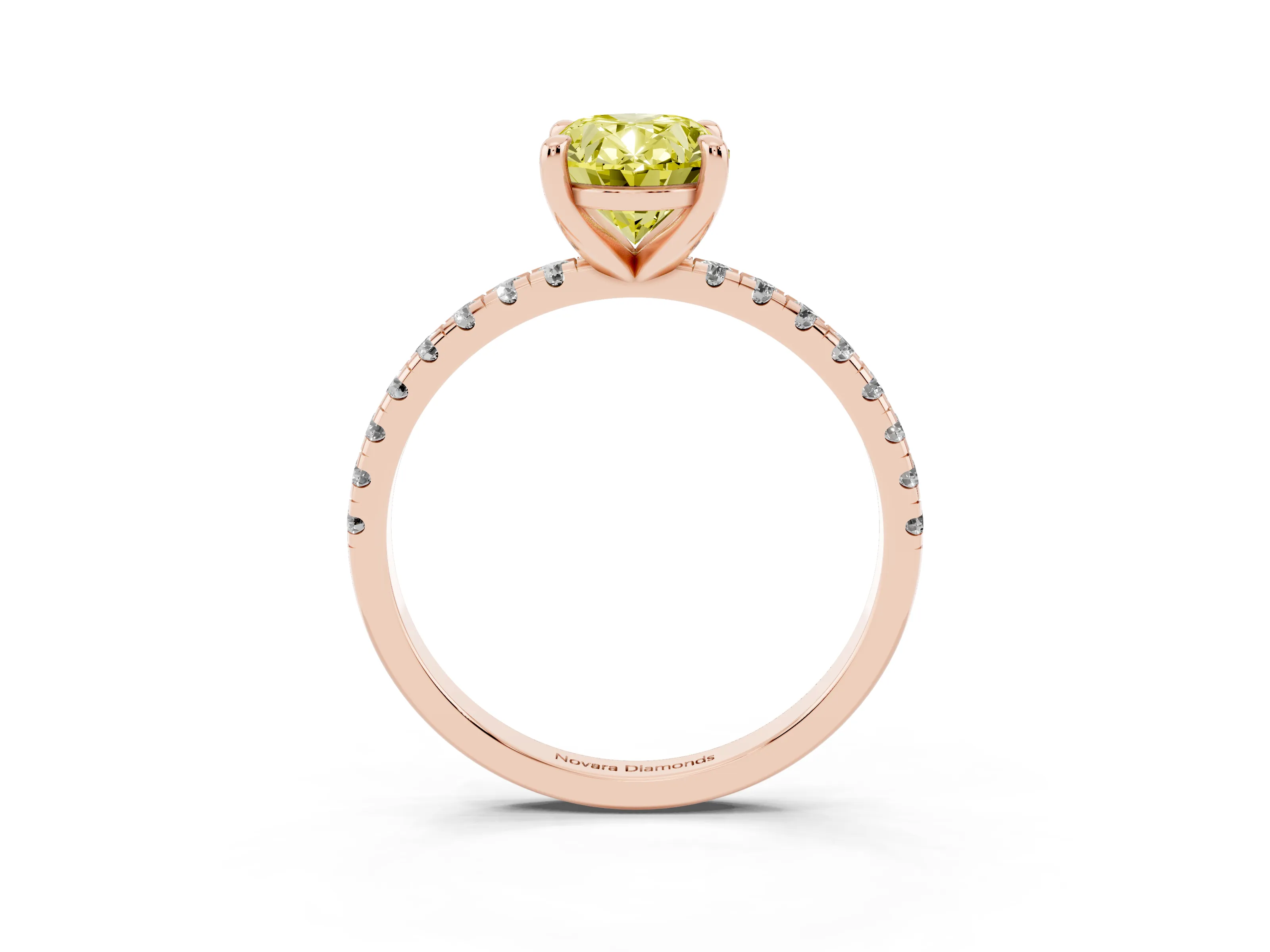 Fancy Yellow Oval Cut Diamond Brilliant Solitaire Ring Set in Rose gold with Pavé Band and Prong Setting