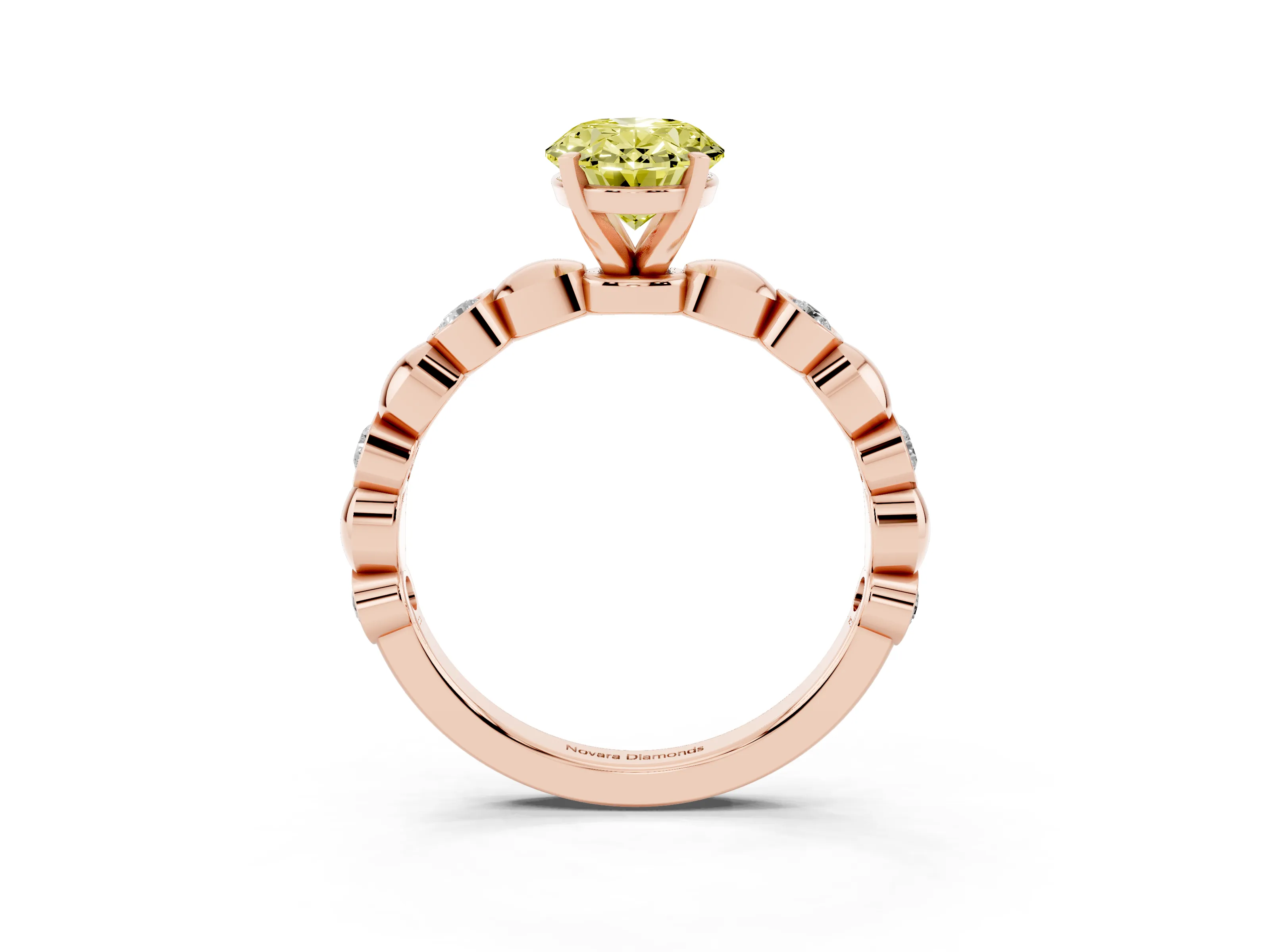 Fancy Yellow Oval Cut Diamond Solitaire Ring Set in Rose gold with Bezel-Set Accents on Beaded Band and Prong Setting