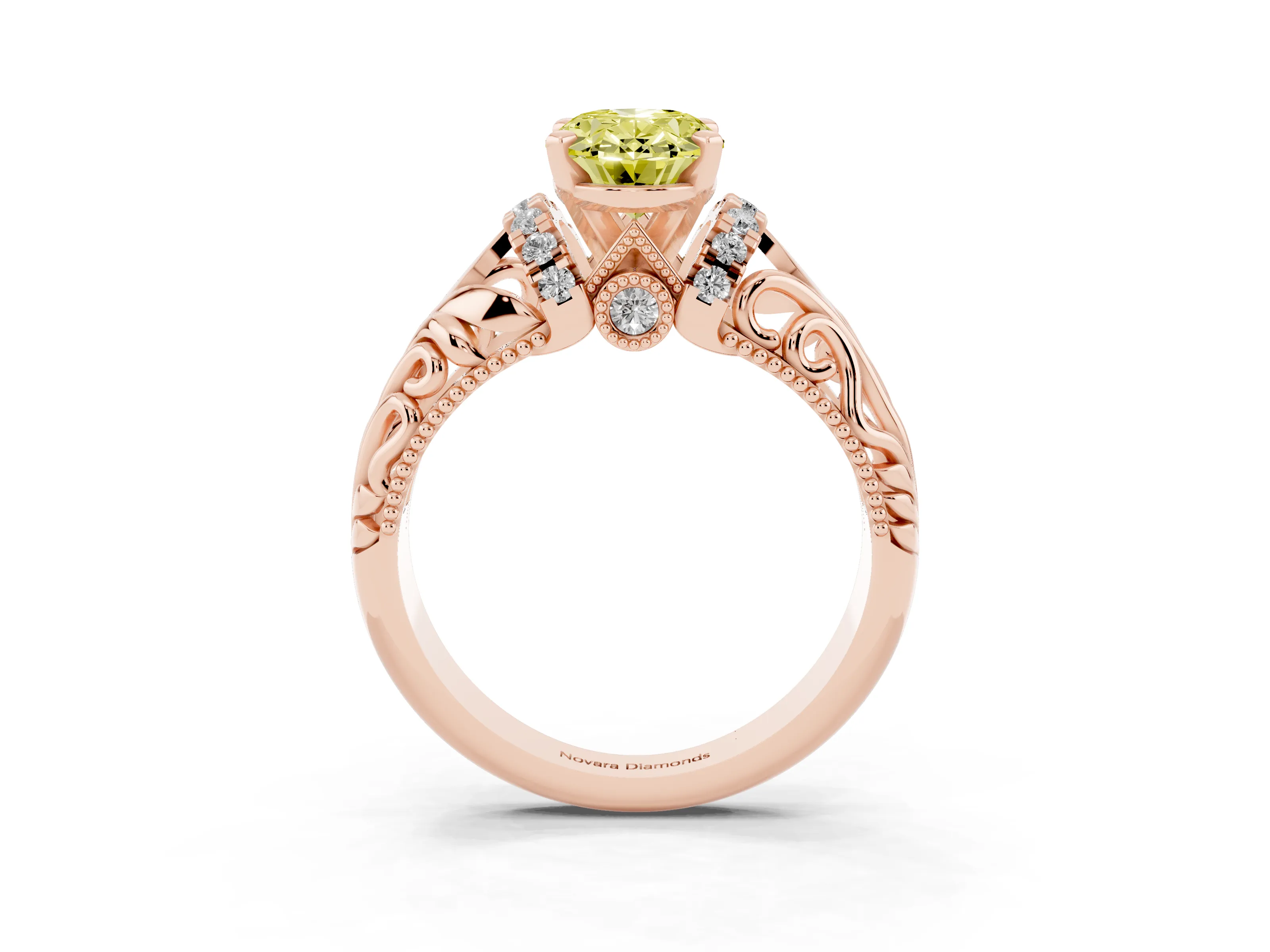 Fancy Yellow Oval Cut Diamond Filigree Halo Engagement Ring Set in Rose gold with Prong Setting
