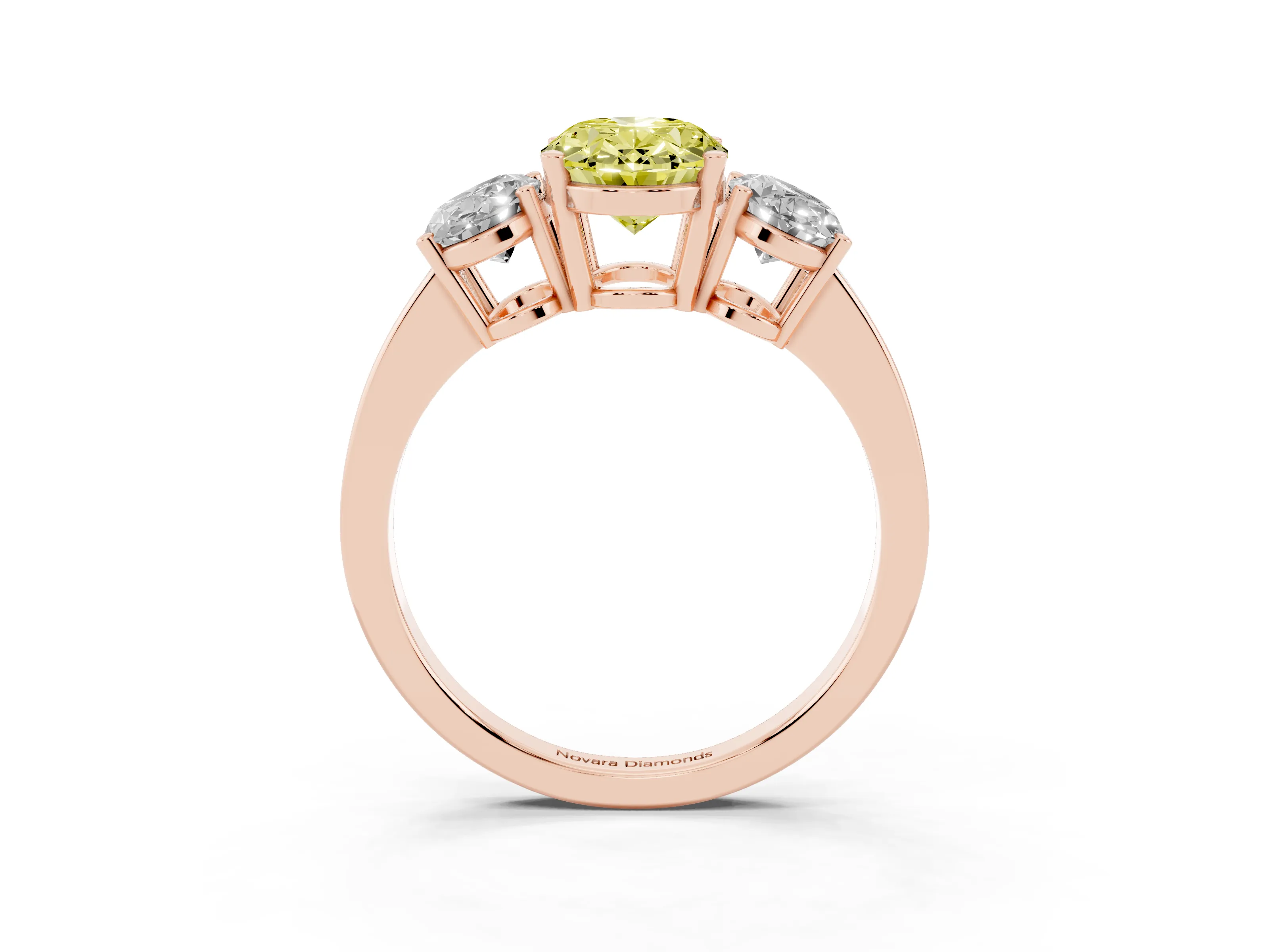 Fancy Yellow Oval Cut Diamond Three-Stone Engagement Ring Set in Rose gold with Flat Band