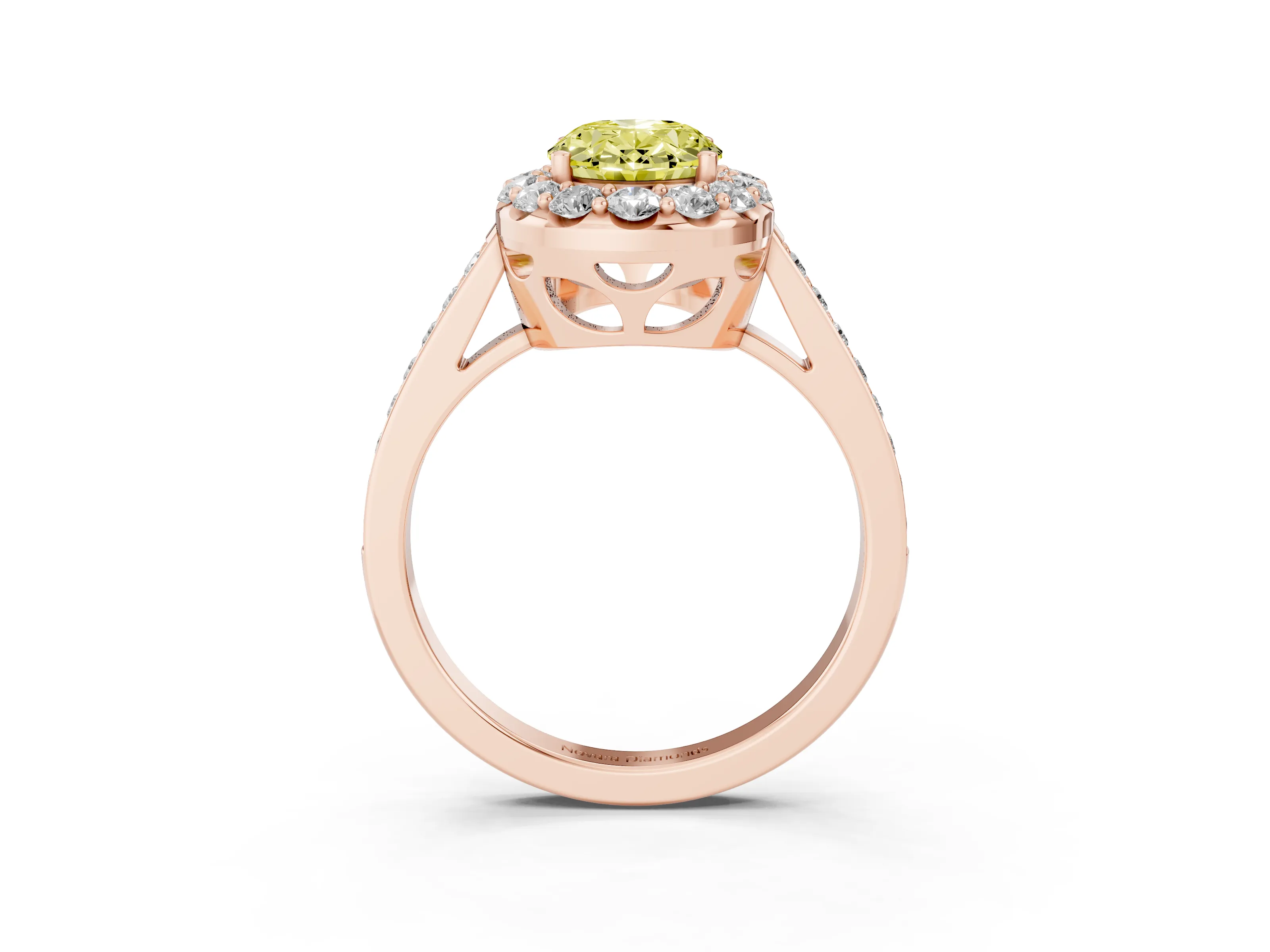 Fancy Yellow Oval Cut Diamond Floral Halo Ring Set in Rose gold with Pavé Band and Prong Setting