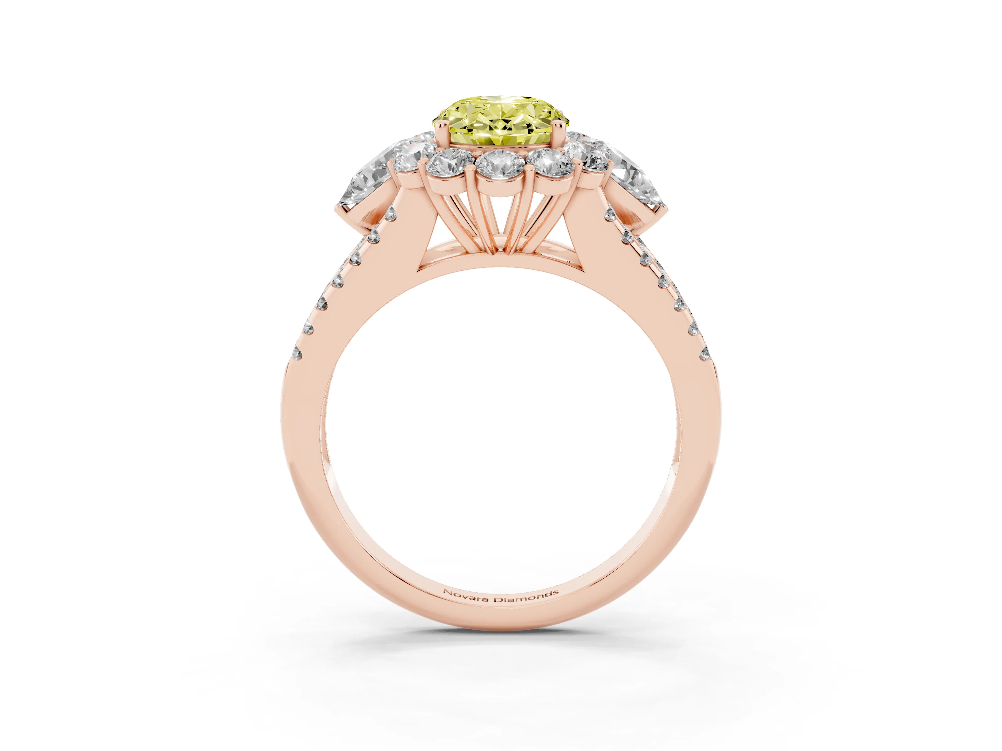 Fancy Yellow Oval Cut Diamond Halo Split Shank Engagement Ring Set in Rose gold with Prong-Held Center Stone