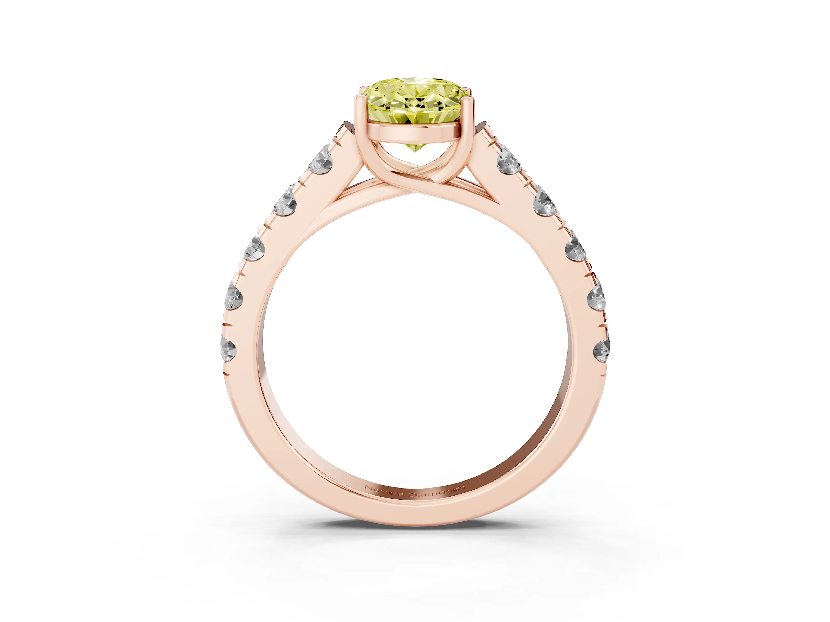 Fancy Yellow Oval Cut Diamond Solitaire Ring Set in Rose gold with Cut-Down Micro Pavé Band and Prong Setting