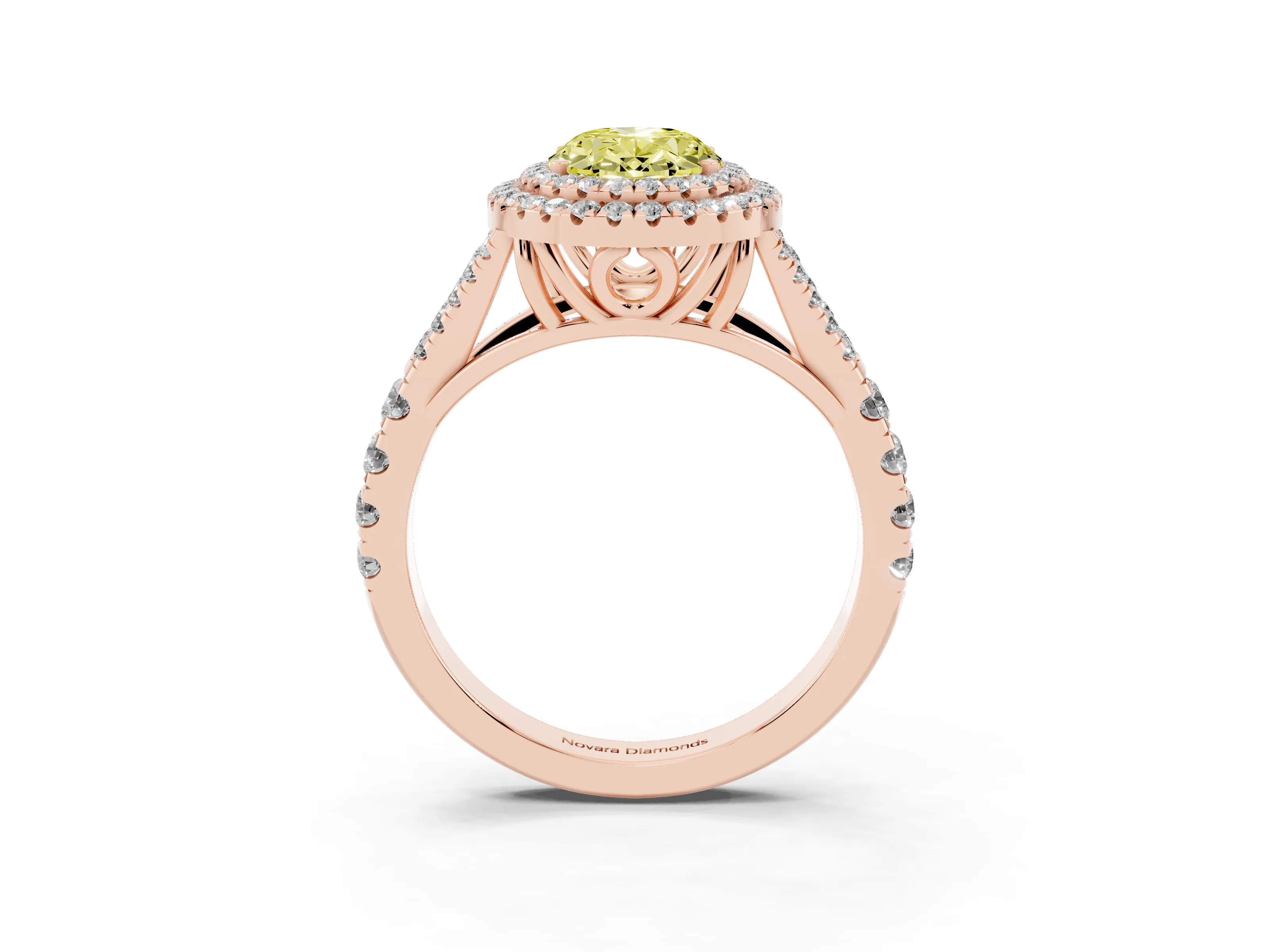 Fancy Yellow Oval Cut Diamond Pavé Split Shank Double Halo Engagement Ring Set in Rose gold