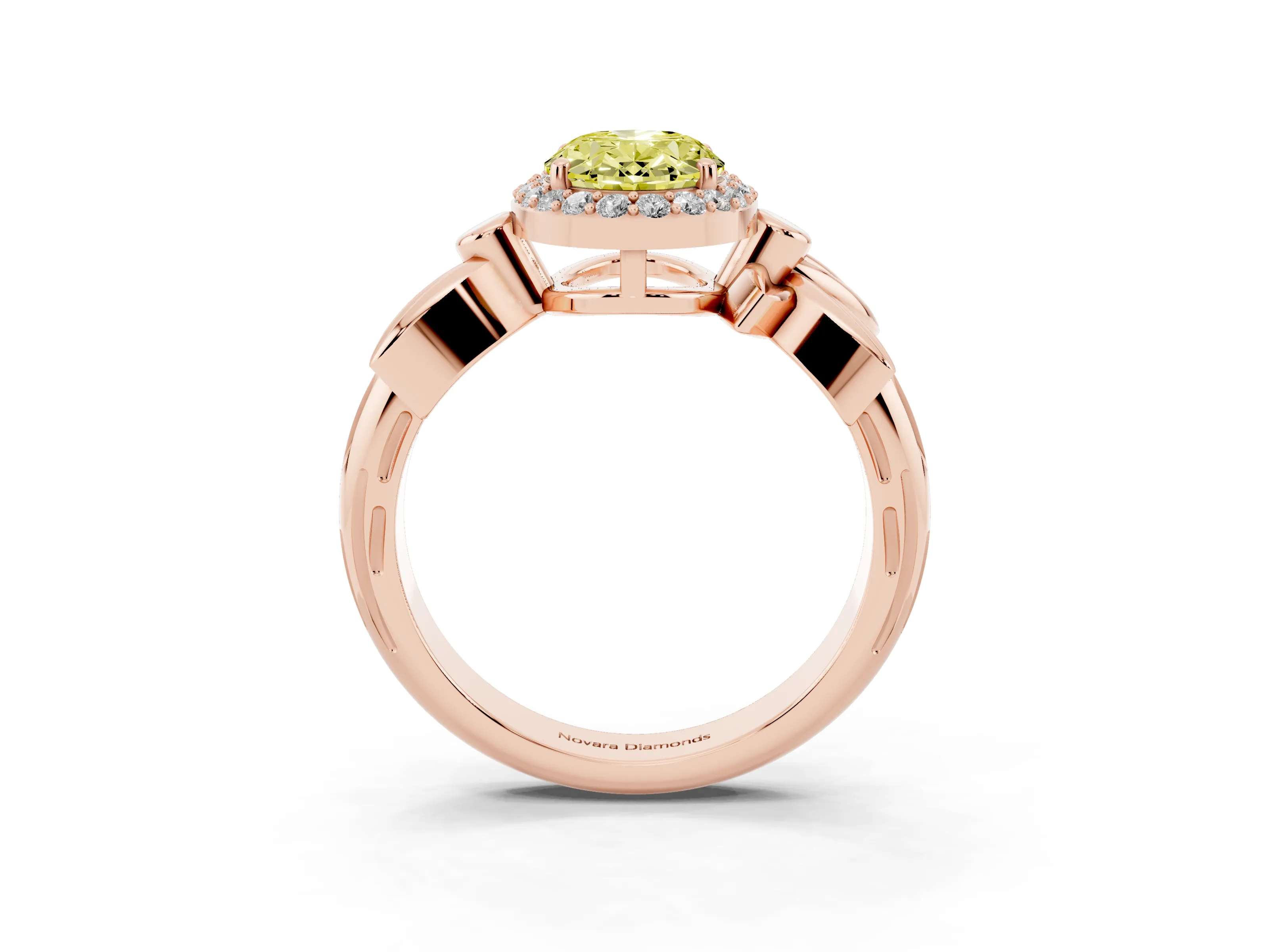 Fancy Yellow Oval Cut Diamond Halo Floral Band Ring Set in Rose gold with Prong Setting