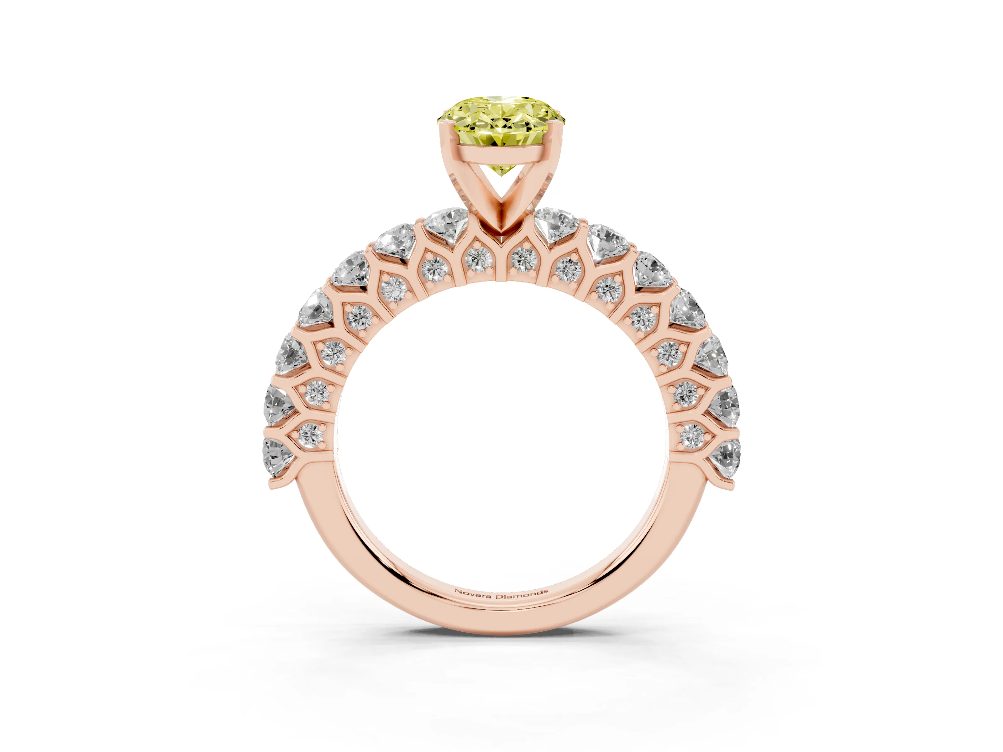 Fancy Yellow Oval Cut Diamond Solitaire Ring Set in Rose gold with Shared Prong Pavé Band