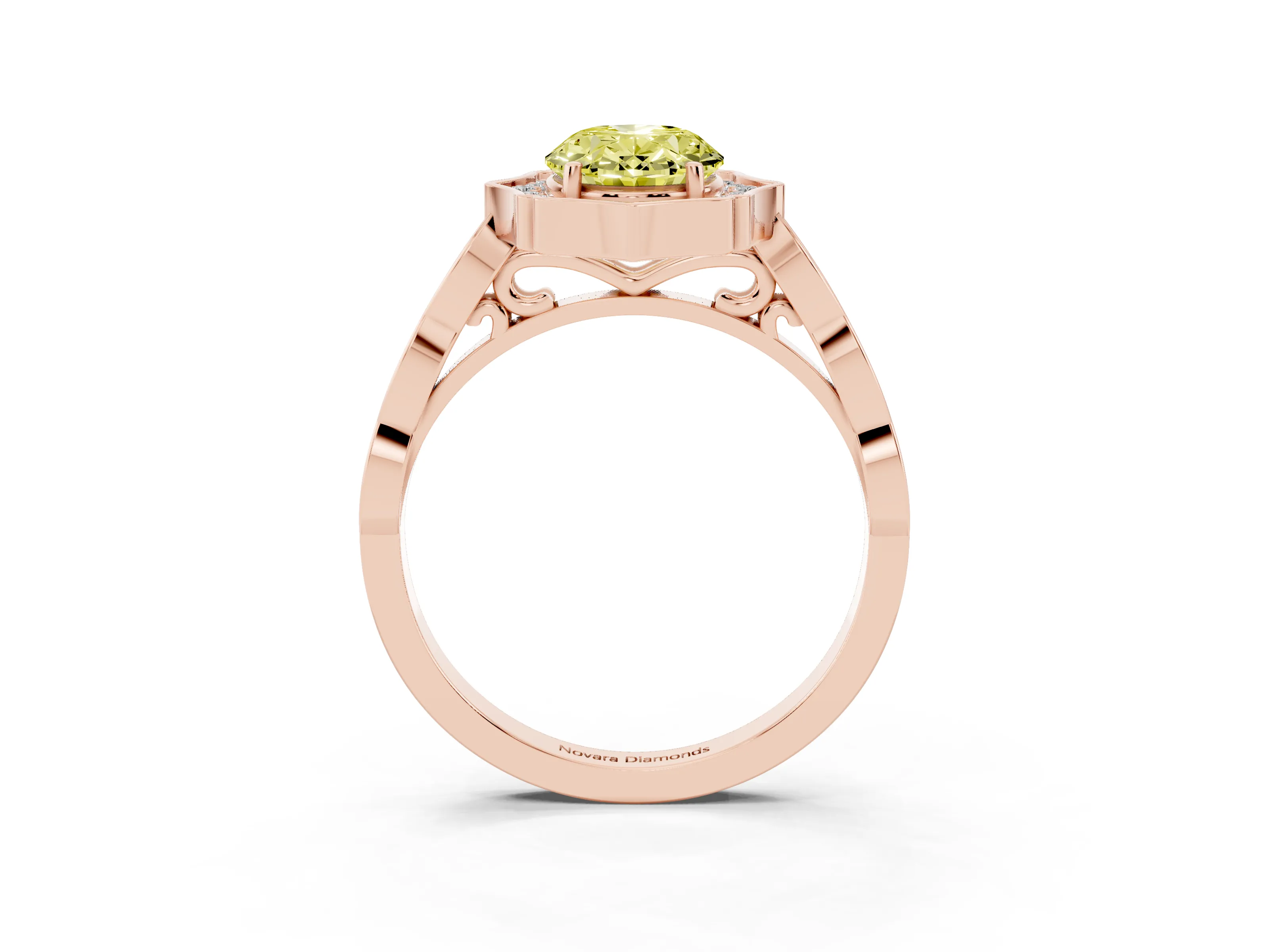 Fancy Yellow Oval Cut Diamond Halo Engagement Ring Set in Rose gold with Milgrain Band and Prong Setting