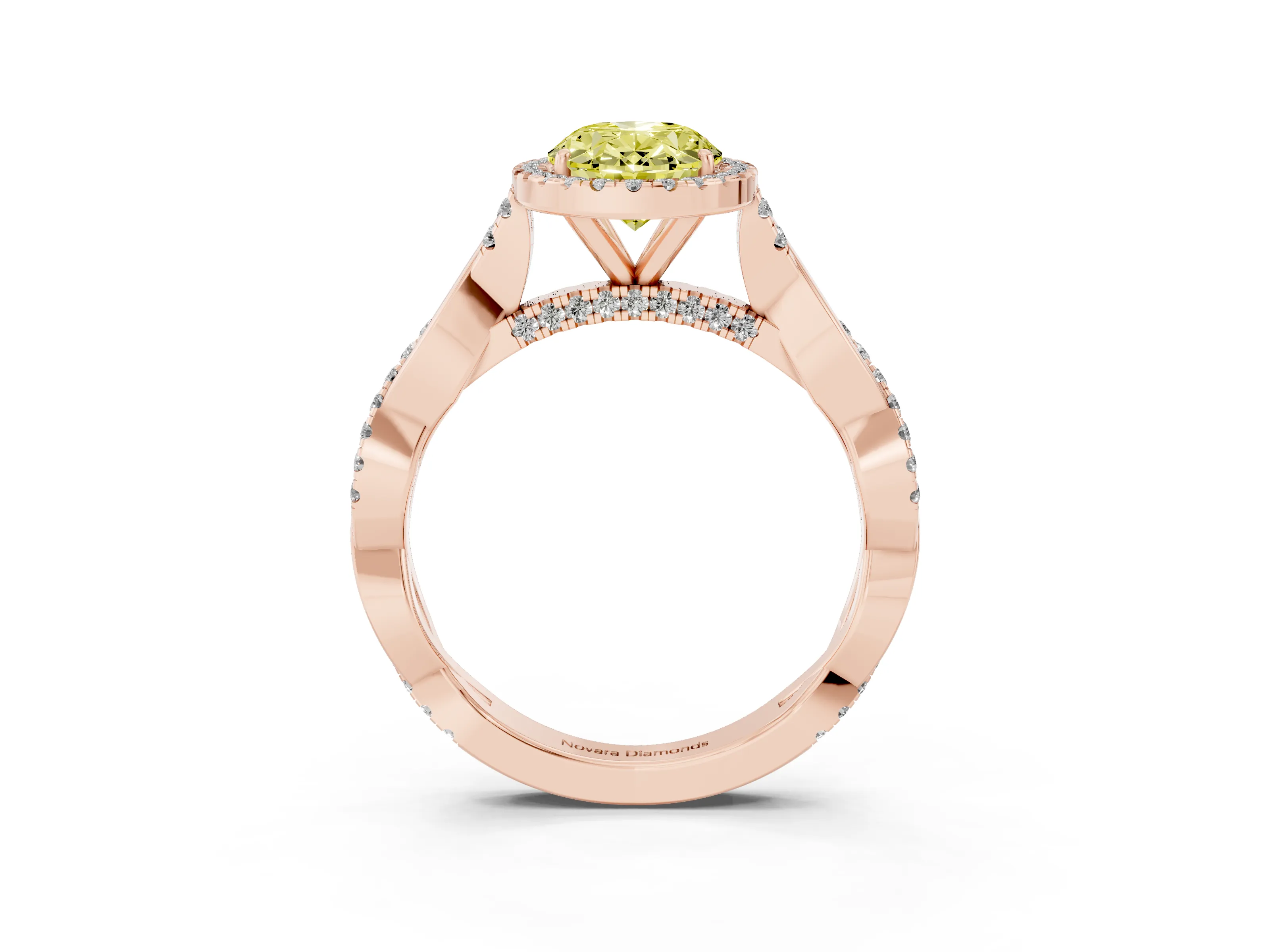 Fancy Yellow Oval Cut Diamond Halo Twist Band Solitaire Ring Set in Rose gold with Prong Setting