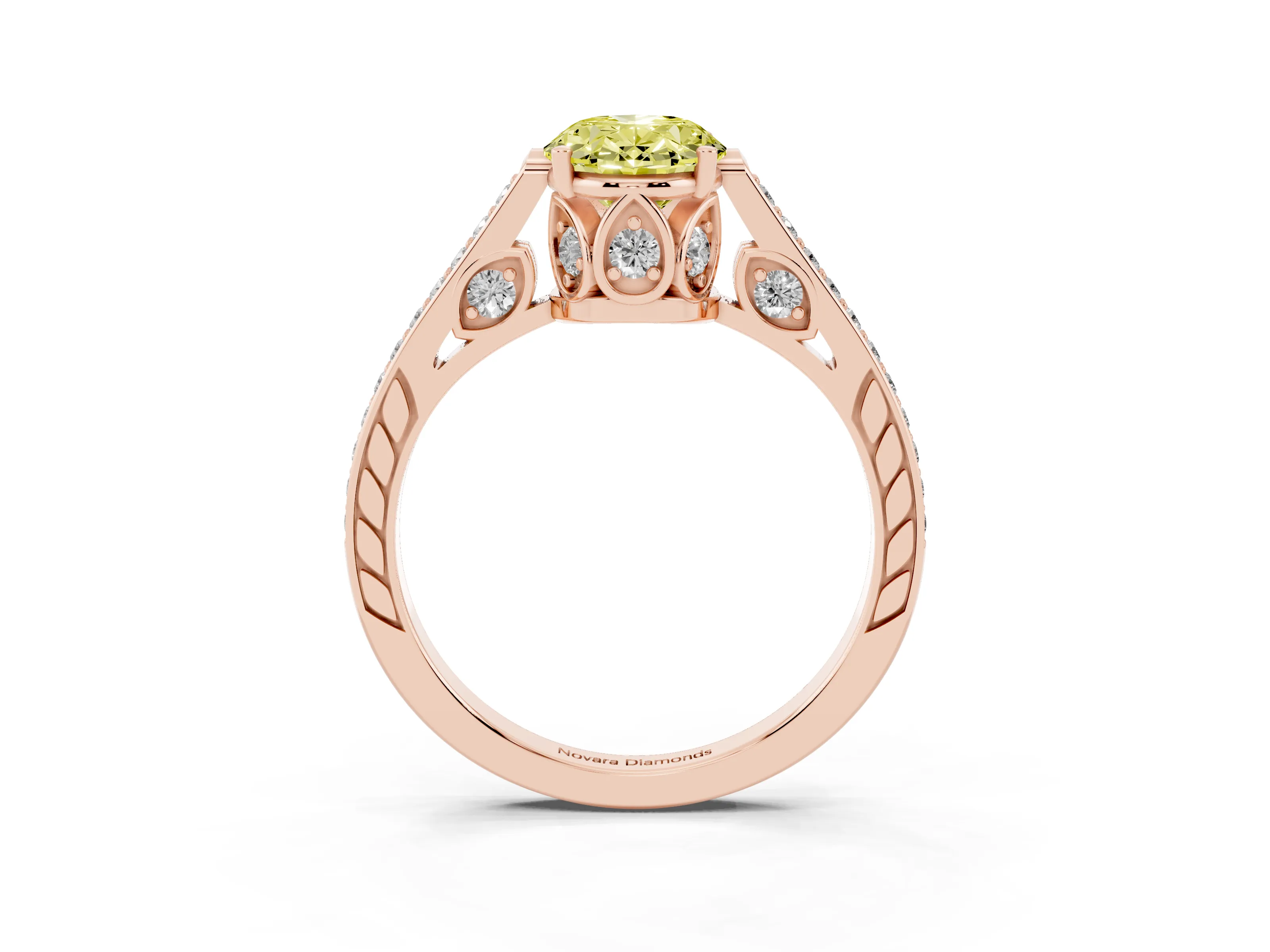 Fancy Yellow Oval Cut Diamond Cathedral Pavé Engagement Ring Set in Rose gold with Prong Setting