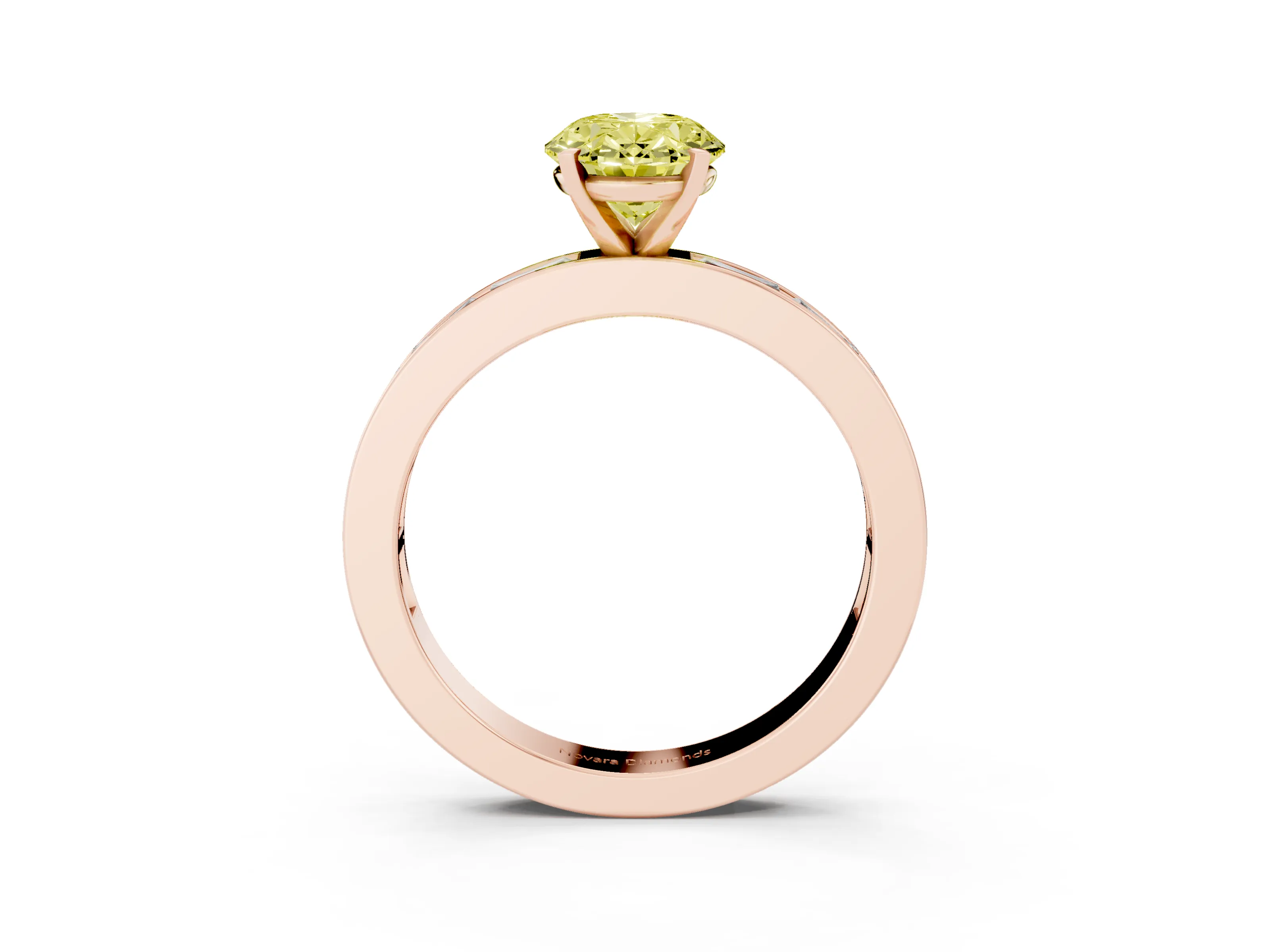 Fancy Yellow Oval Cut Diamond Solitaire Ring Set in Rose gold with Channel-Set Baguette Band and Prong Setting