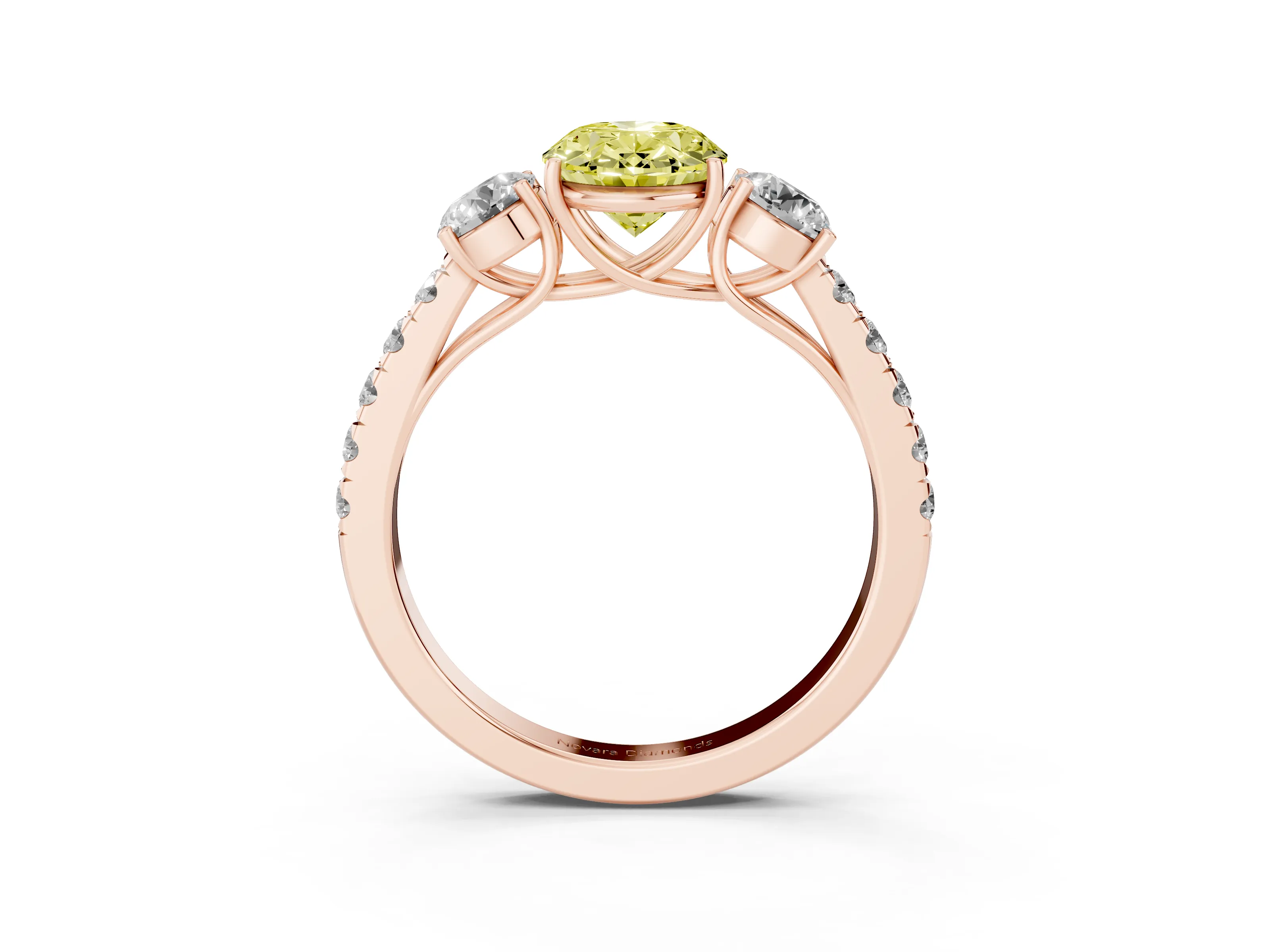 Fancy Yellow Oval Cut Diamond Three-Stone Ring Set in Rose gold with Round Side Stones and Delicate Pavé Band