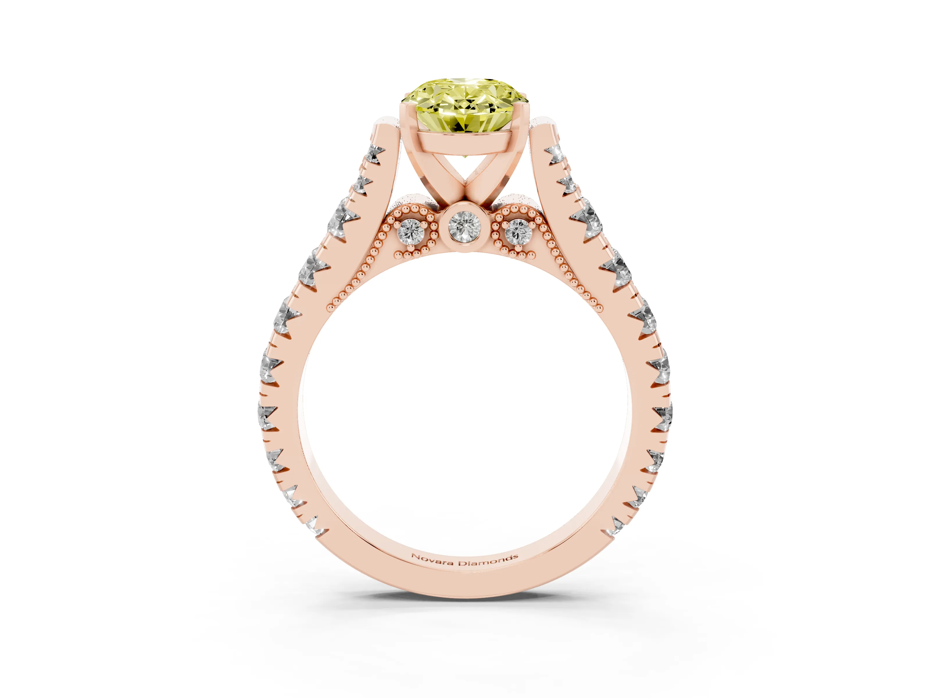 Fancy Yellow Oval Cut Diamond Classic Solitaire Ring Set in Rose gold with Pavé Band and Prong Setting