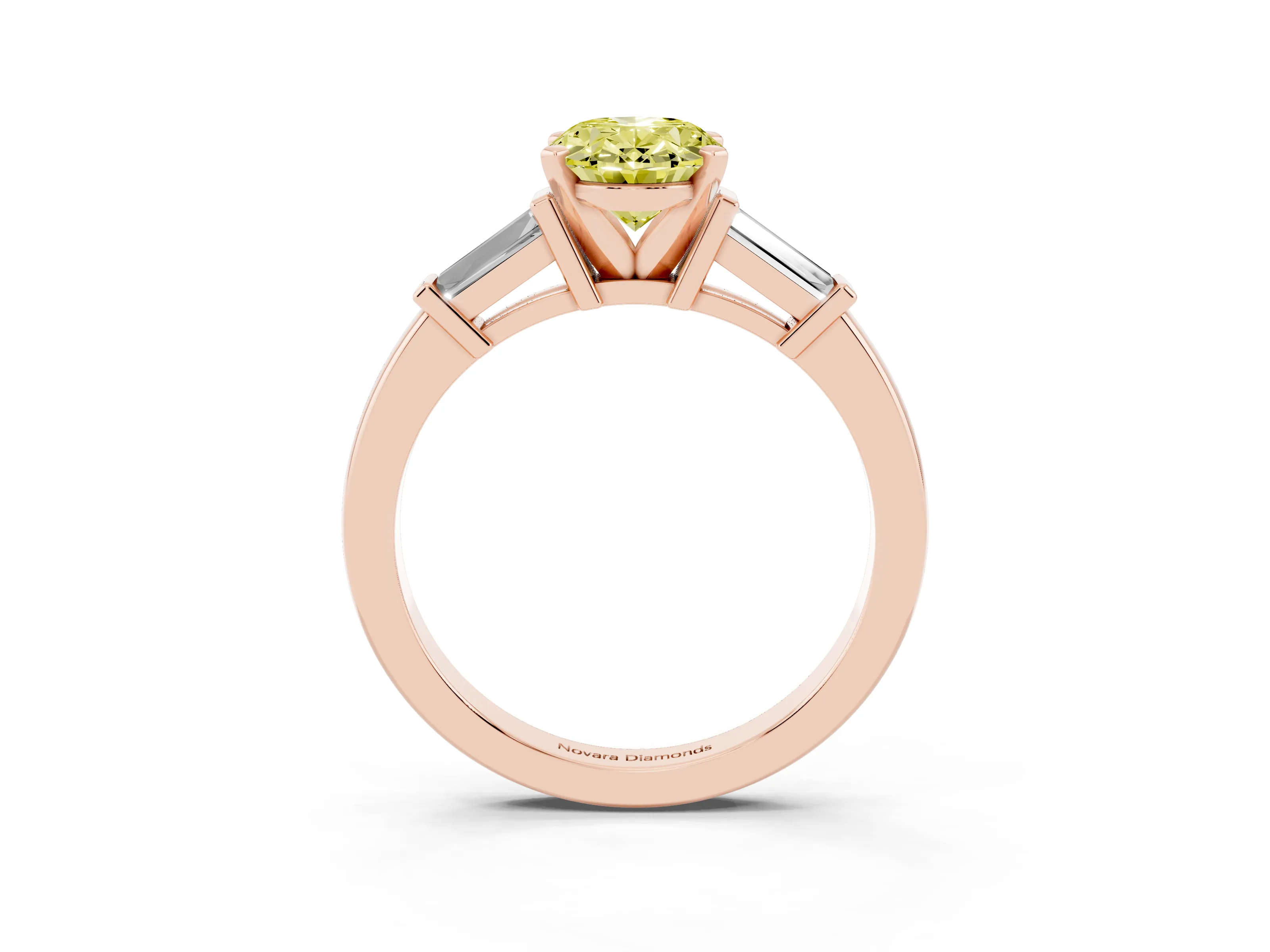 Fancy Yellow Oval Cut Diamond Solitaire Ring Set in Rose gold with Tapered Baguette Accents and Prong Setting