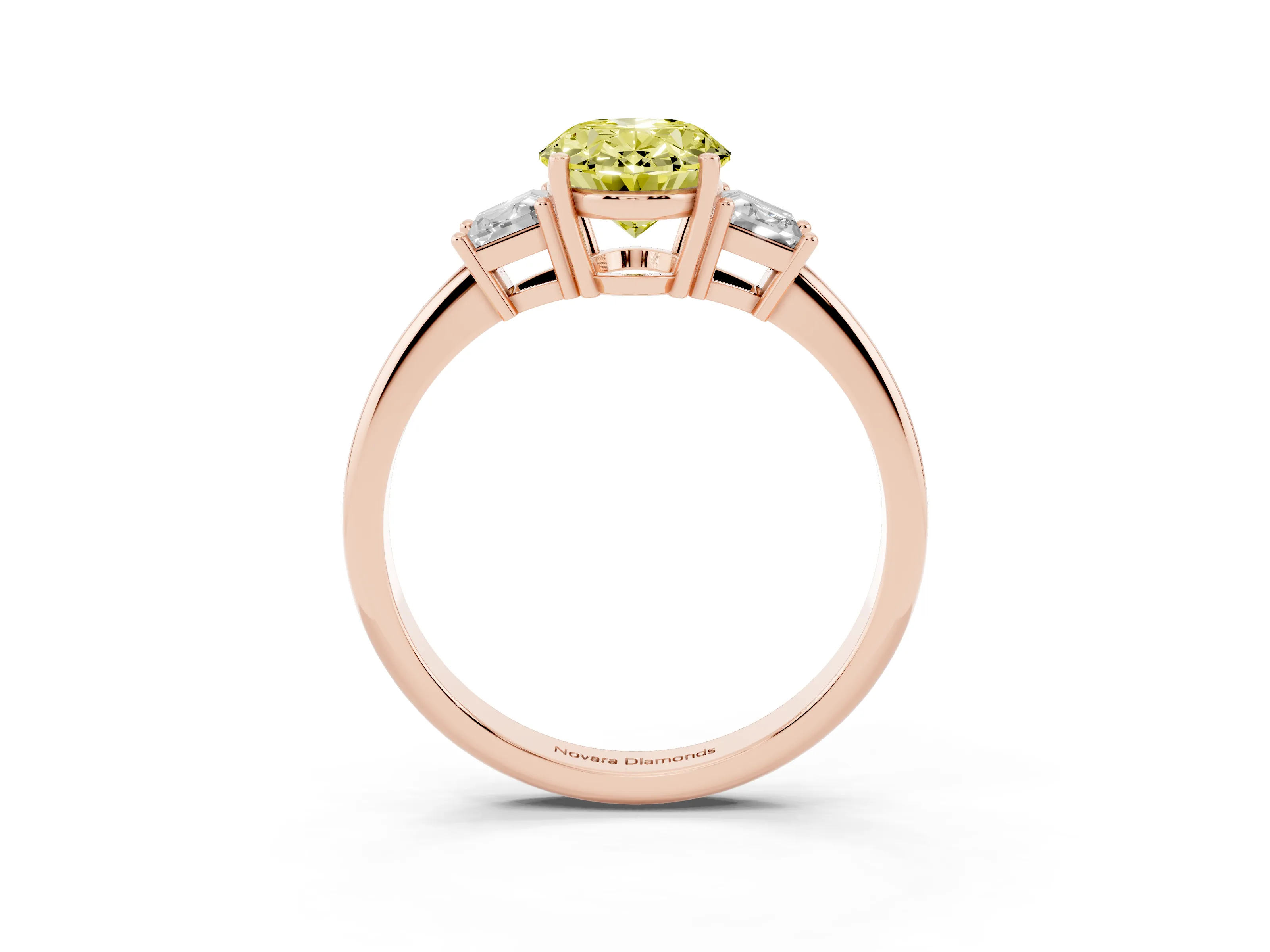 Fancy Yellow Oval Cut Diamond Three-Stone Ring Set in Rose gold with Trapezoid Side Stones and Prong Setting