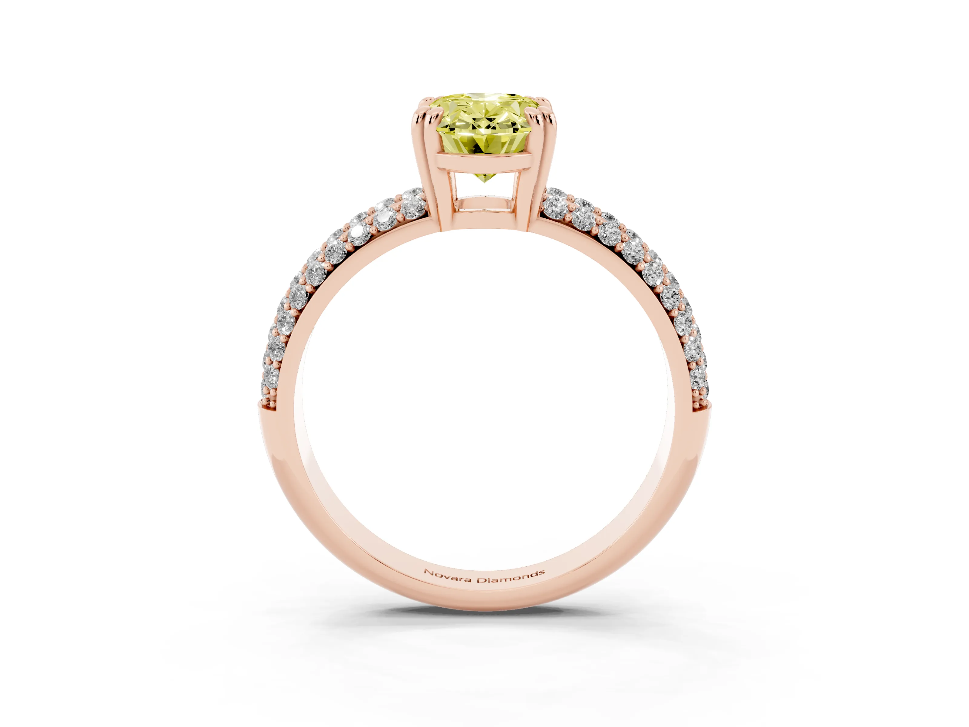 Fancy Yellow Oval Cut Diamond Solitaire Ring Set in Rose gold with Multi-Row Round Pavé Band and Prong Setting