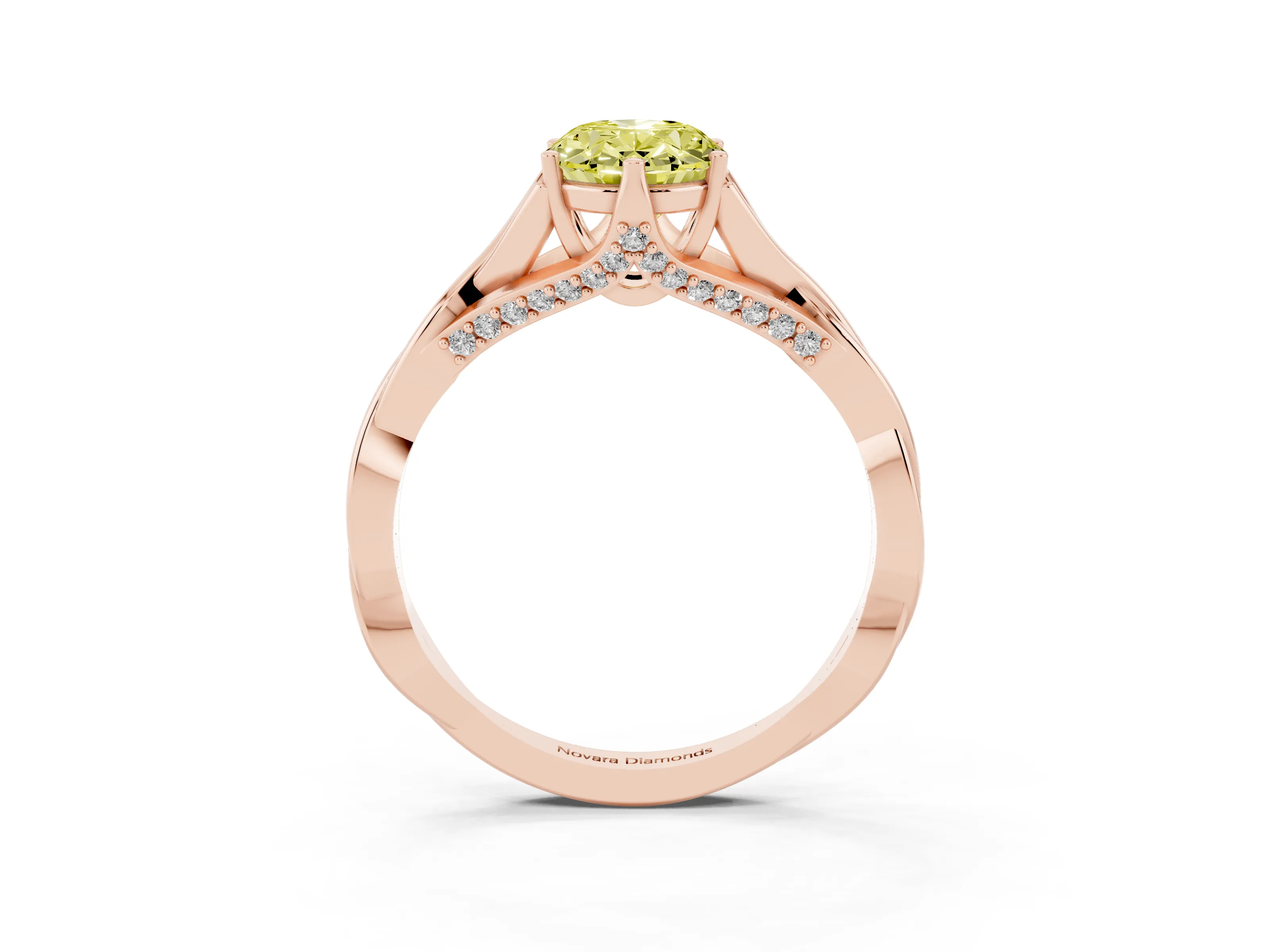 Fancy Yellow Oval Cut Diamond Intertwined Twist Band Solitaire Ring Set in Rose gold with Prong Setting
