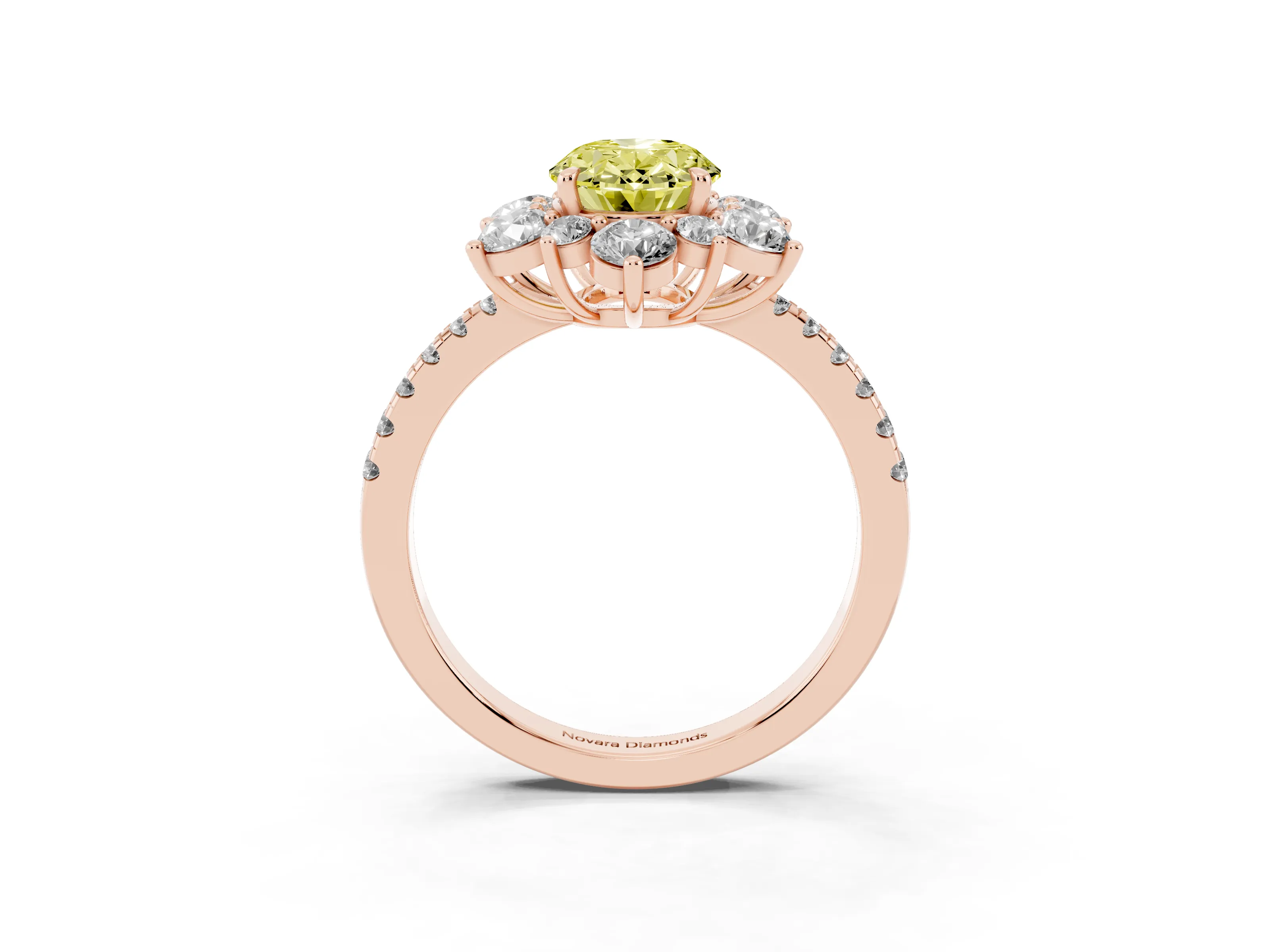 Fancy Yellow Oval Cut Diamond Floral Halo Ring Set in Rose gold with Round Pavé Band and Prong Setting