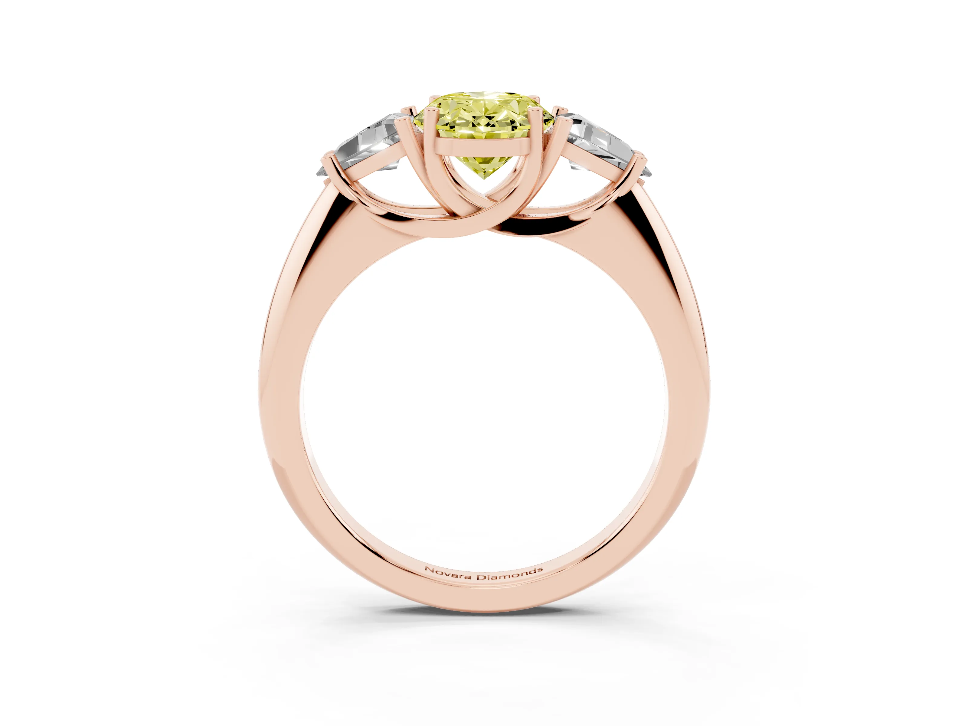 Fancy Yellow Oval Cut Diamond Three-Stone Engagement Ring Set in Rose gold with Trillion Side Stones