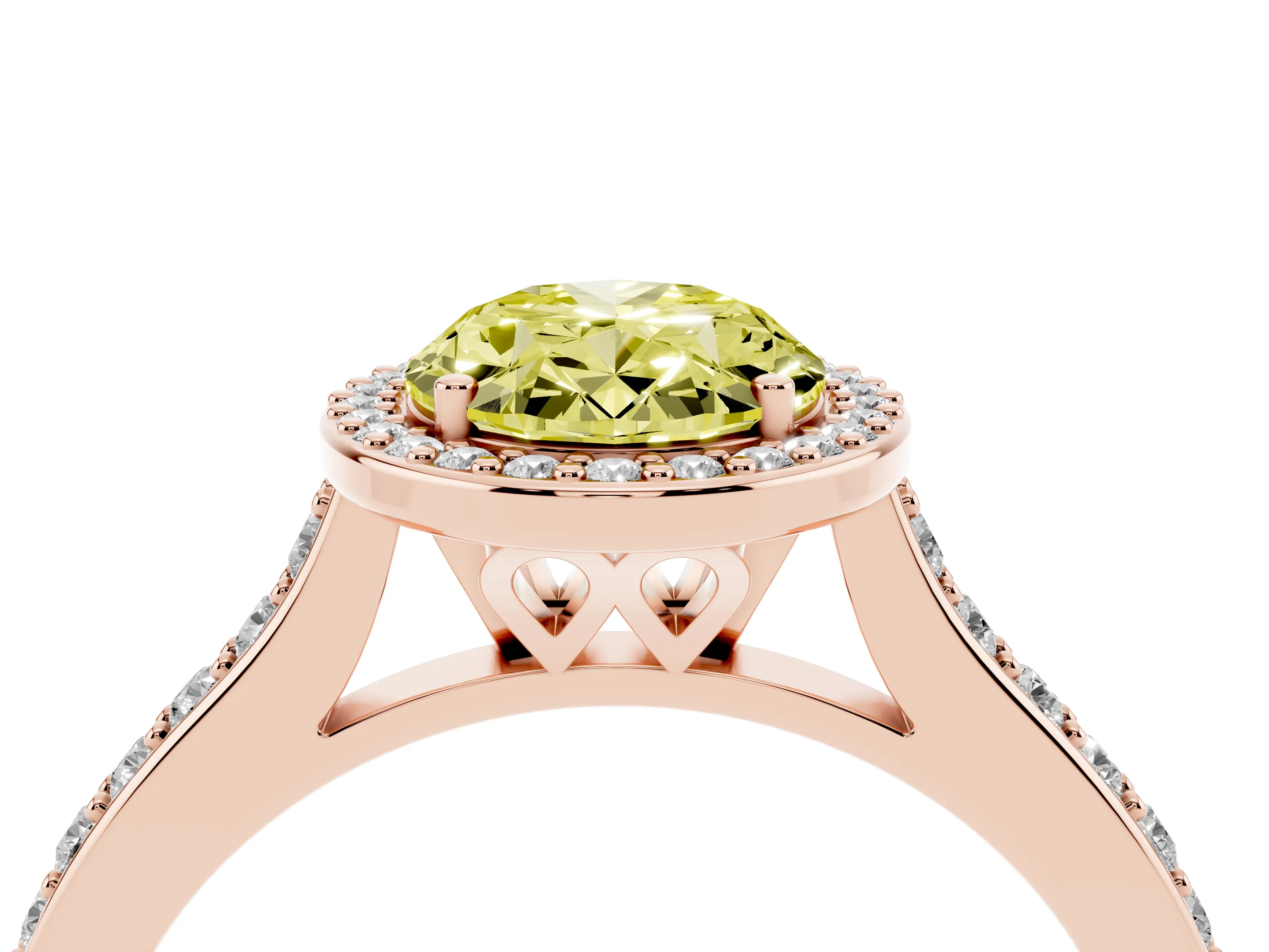 Fancy Yellow Oval Cut Diamond Halo Engagement Ring Set in Rose gold with Round Pavé Shoulders and Heart Gallery