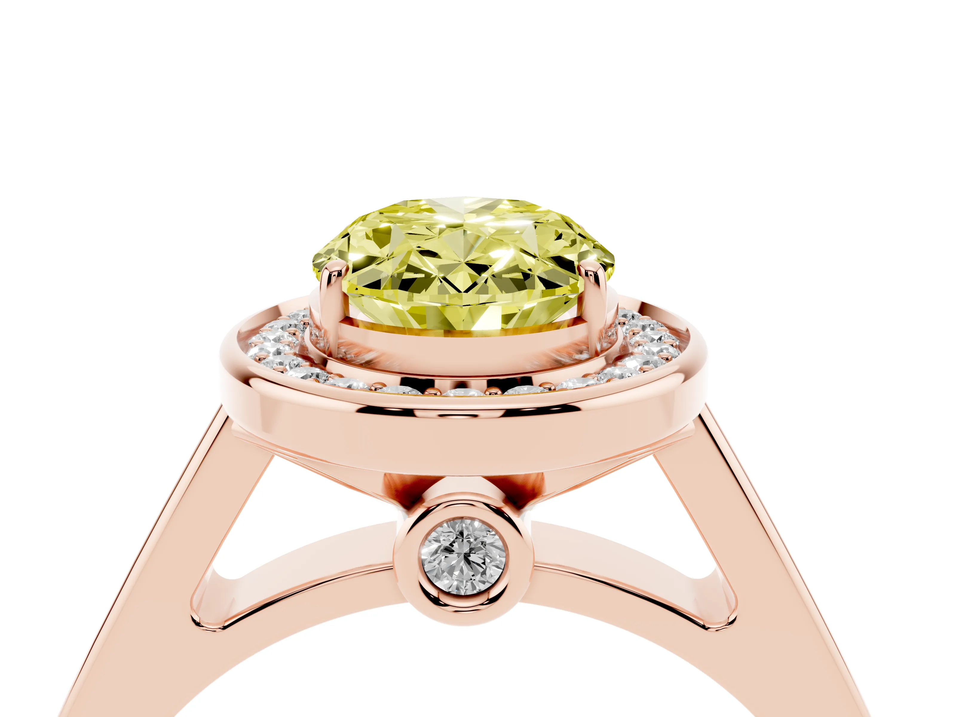 Fancy Yellow Oval Cut Diamond Halo Solitaire Ring Set in Rose gold with Pavé Band and Bezel Setting