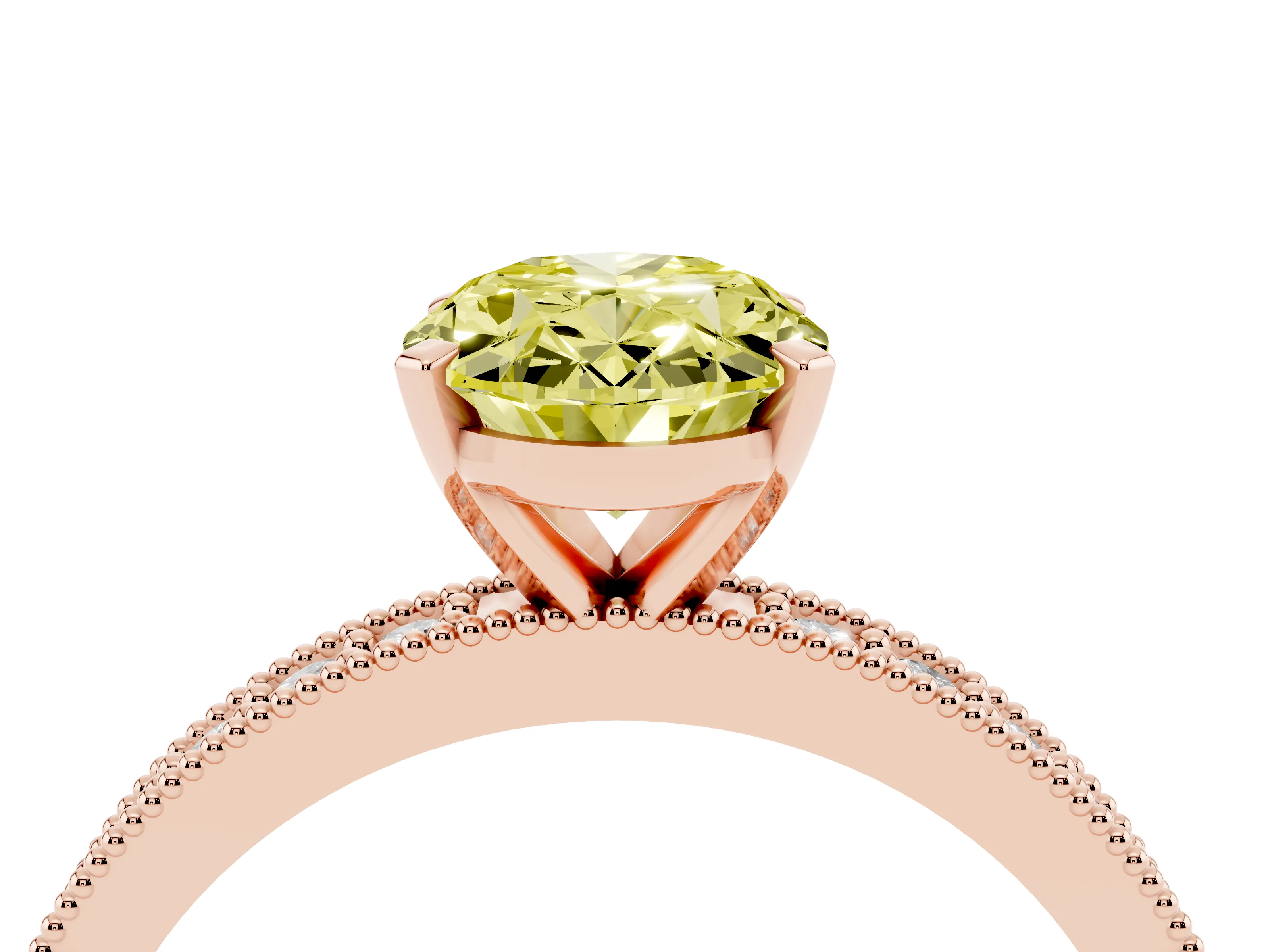 Fancy Yellow Oval Cut Diamond Milgrain Pavé Engagement Ring Set in Rose gold with Prong Setting