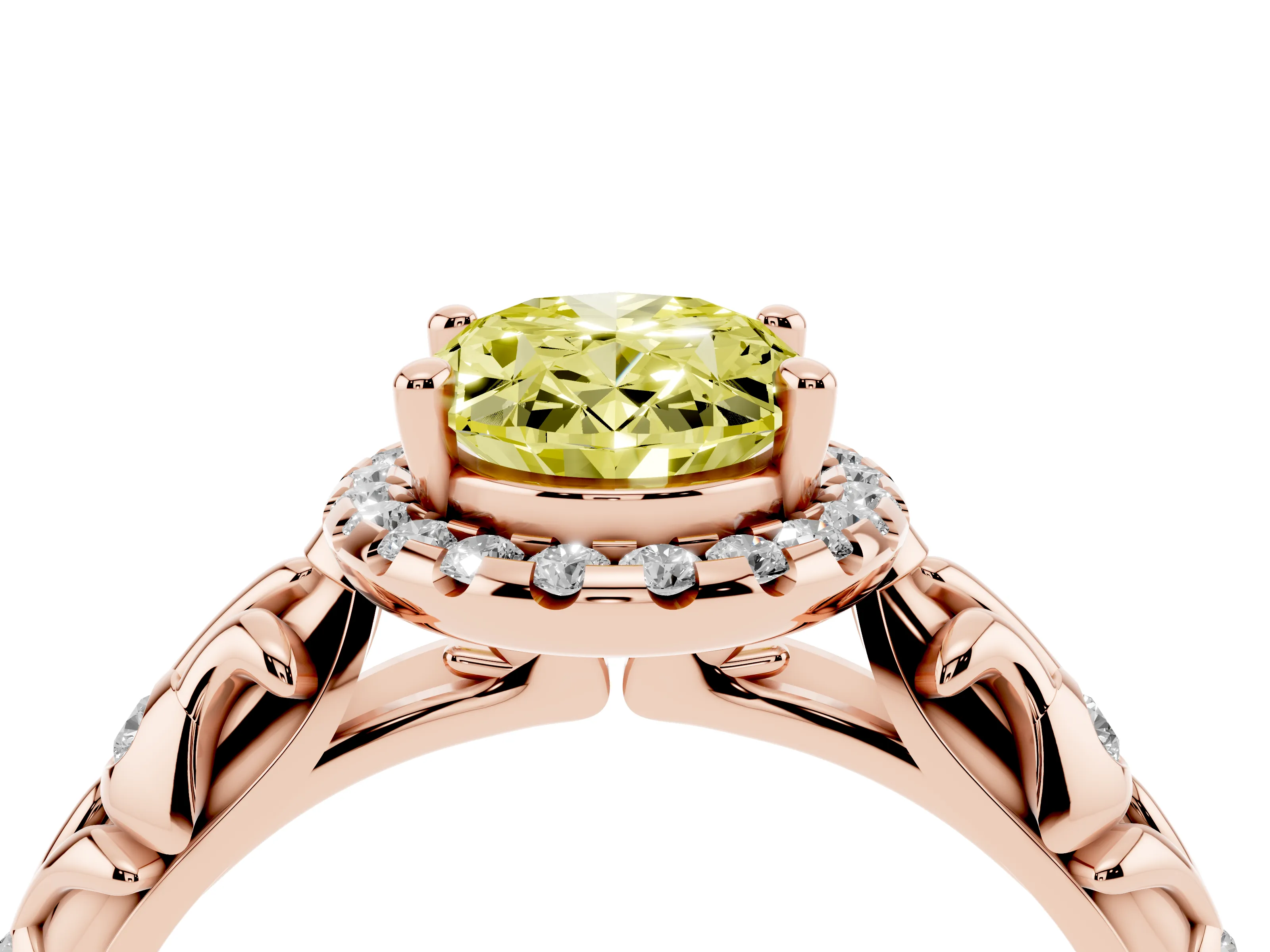 Fancy Yellow Oval Cut Diamond Halo Ring Set in Rose gold with Filigree Leaf Band and Prong Setting