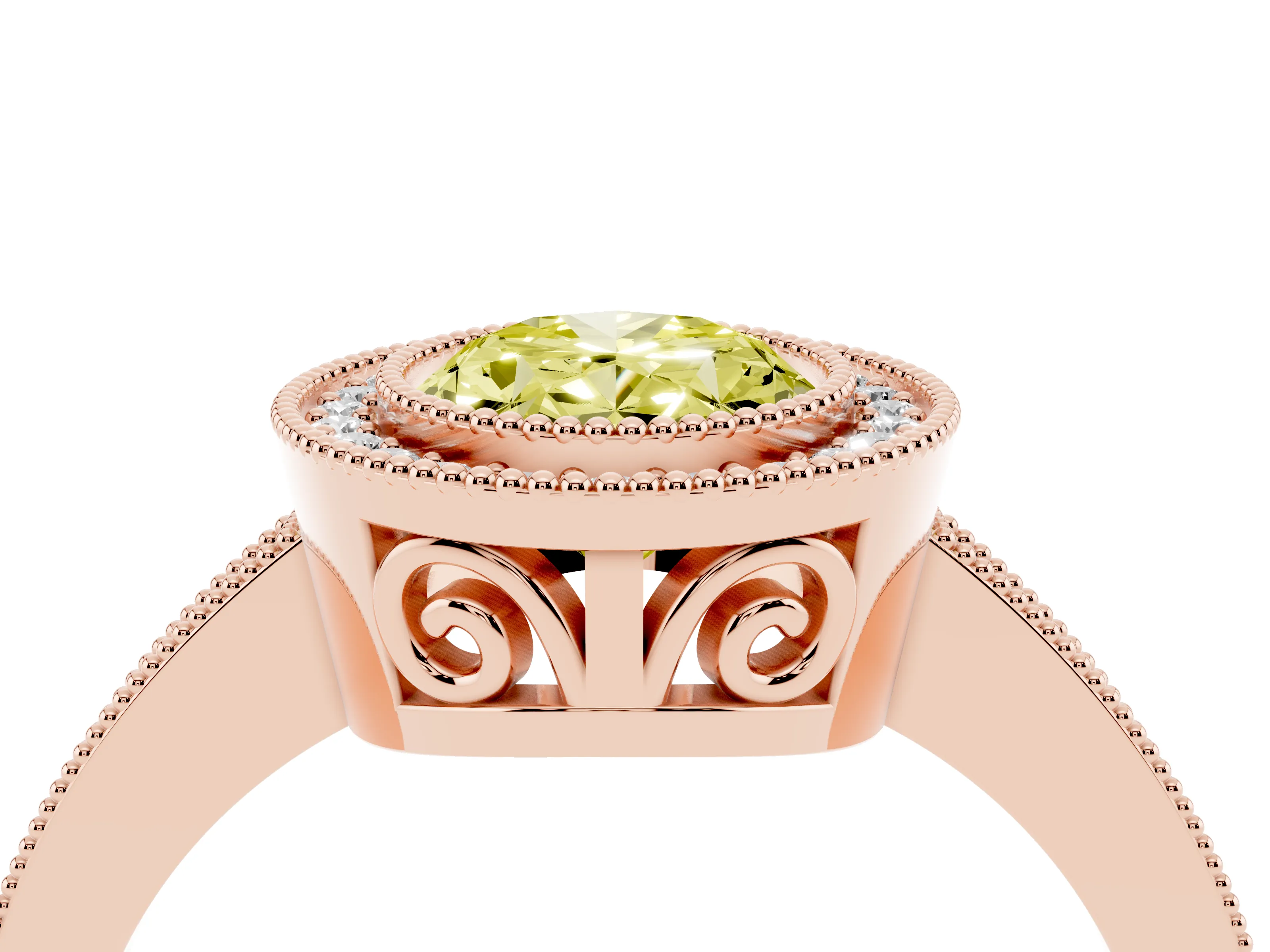 Fancy Yellow Oval Cut Diamond Round Halo Ring Set in Rose gold with Pavé Band