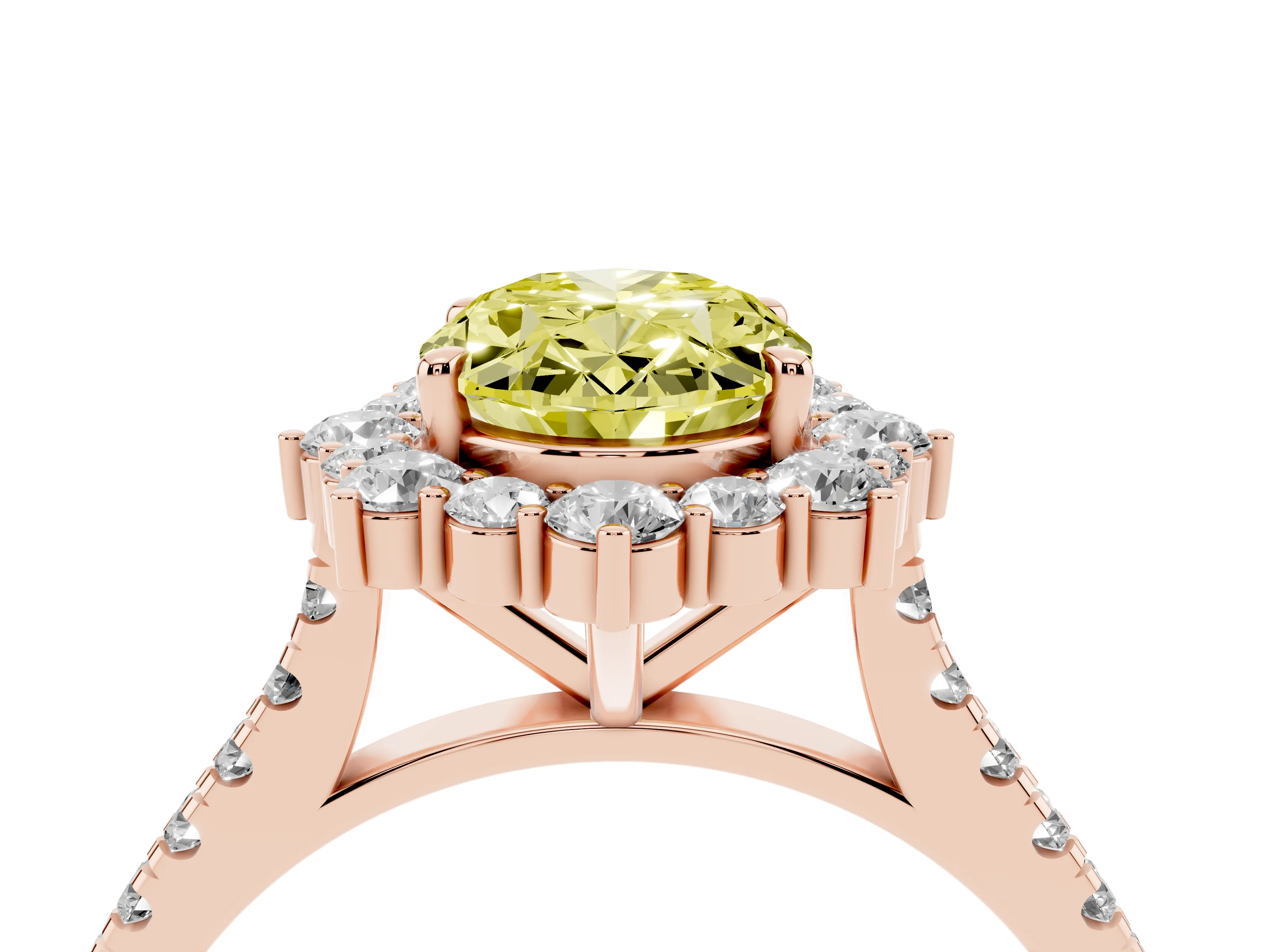 Fancy Yellow Oval Cut Diamond Halo Ring Set in Rose gold with Pavé Band and Prong Setting