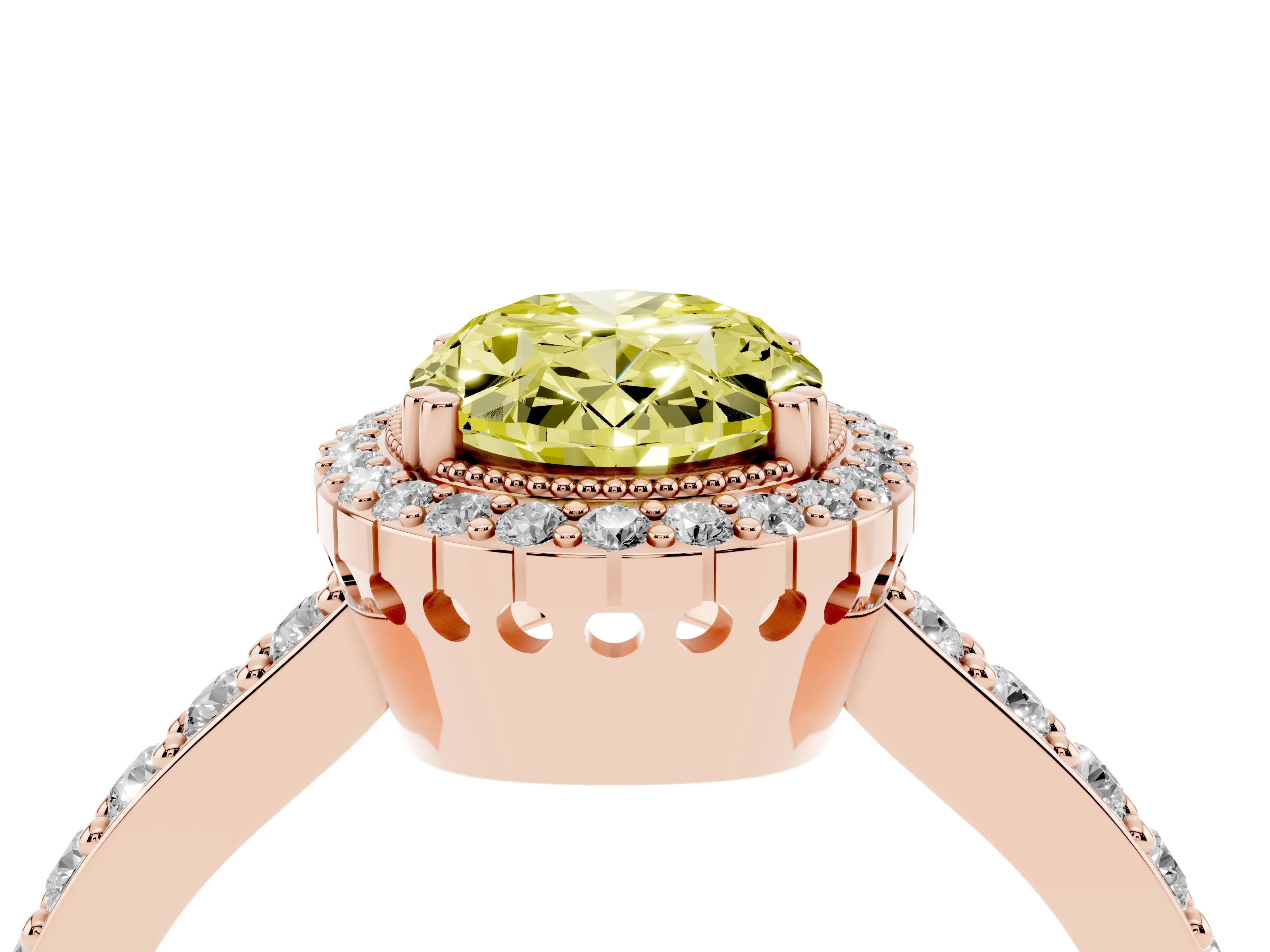 Fancy Yellow Oval Cut Diamond Halo Engagement Ring Set in Rose gold with Milgrain Detail and Pavé Band