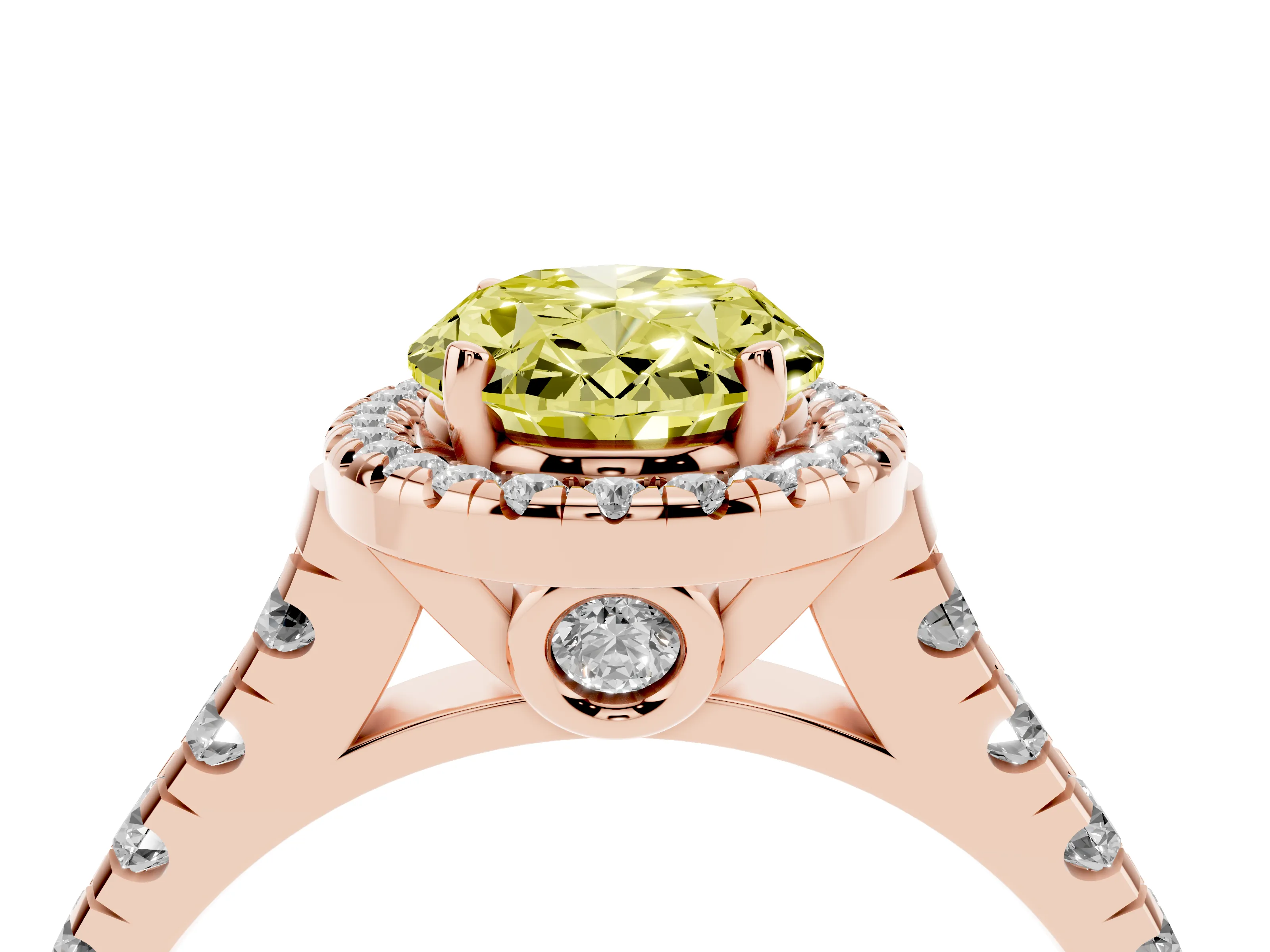 Fancy Yellow Oval Cut Diamond Halo Engagement Ring Set in Rose gold with Pavé Band and Prong-Set Center