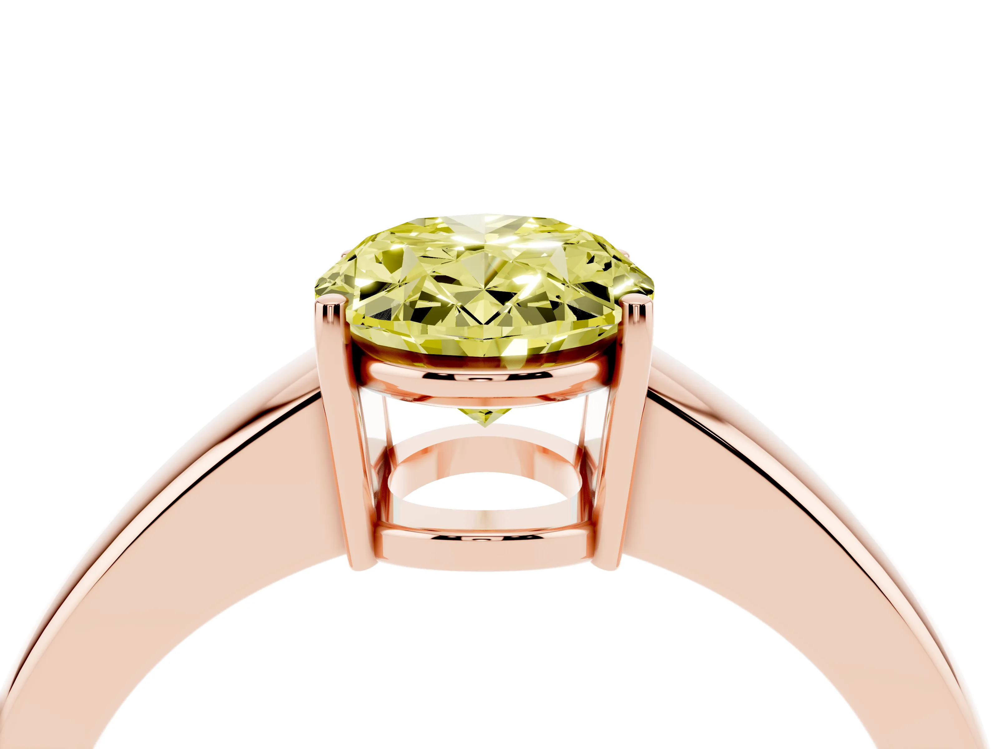 Fancy Yellow Oval Cut Diamond Solitaire Ring Set in Rose gold with Tapered Band and Prong Setting