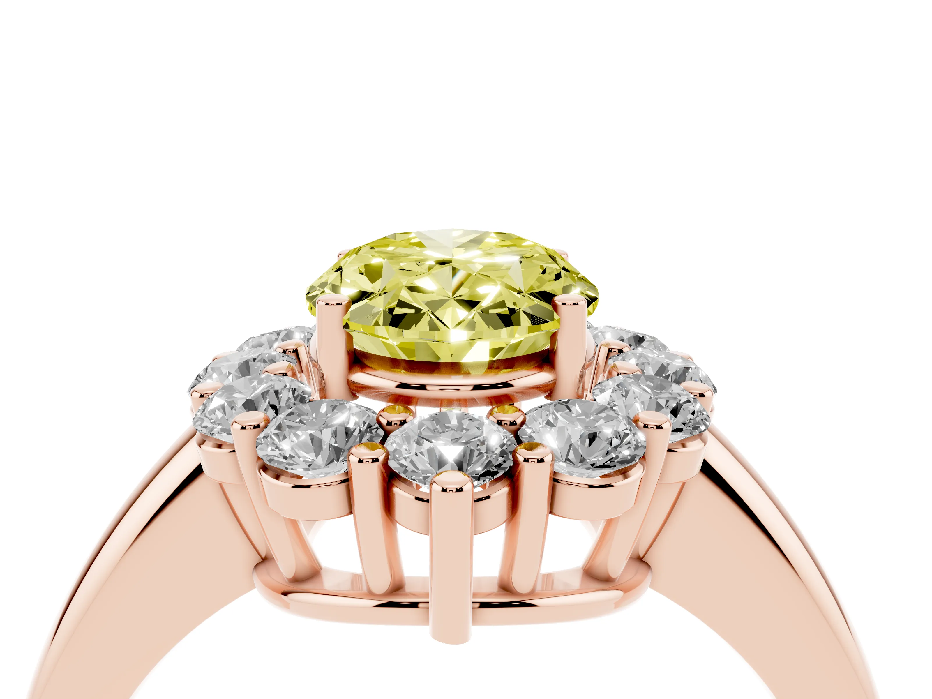 Fancy Yellow Oval Cut Diamond Halo Cluster Engagement Ring Set in Rose gold with Polished Band and Prong Setting