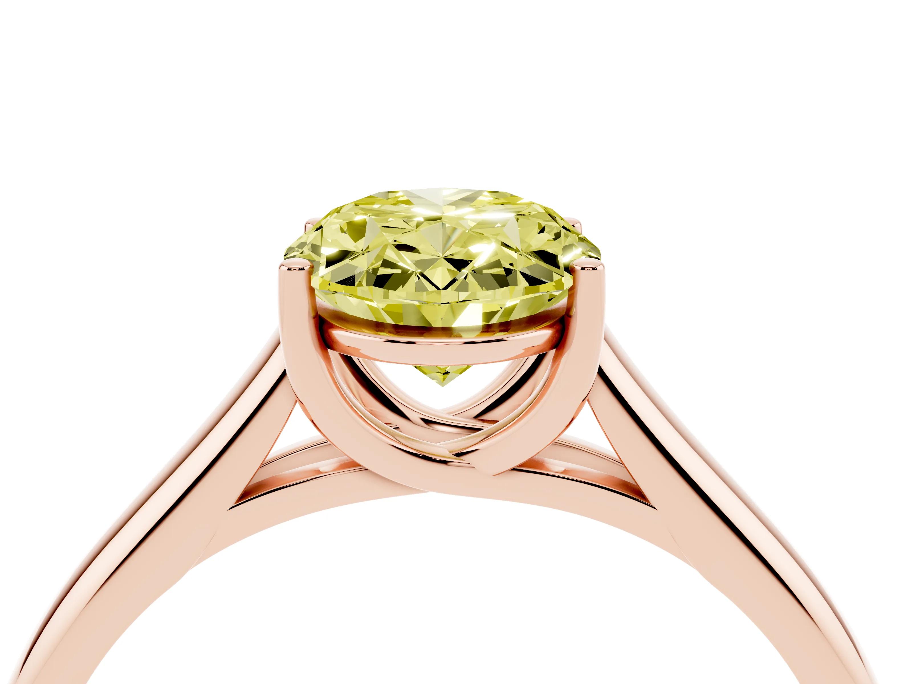 Fancy Yellow Oval Cut Diamond Solitaire Engagement Ring Set in Rose gold with Subtly Tapered Band and Prong Setting