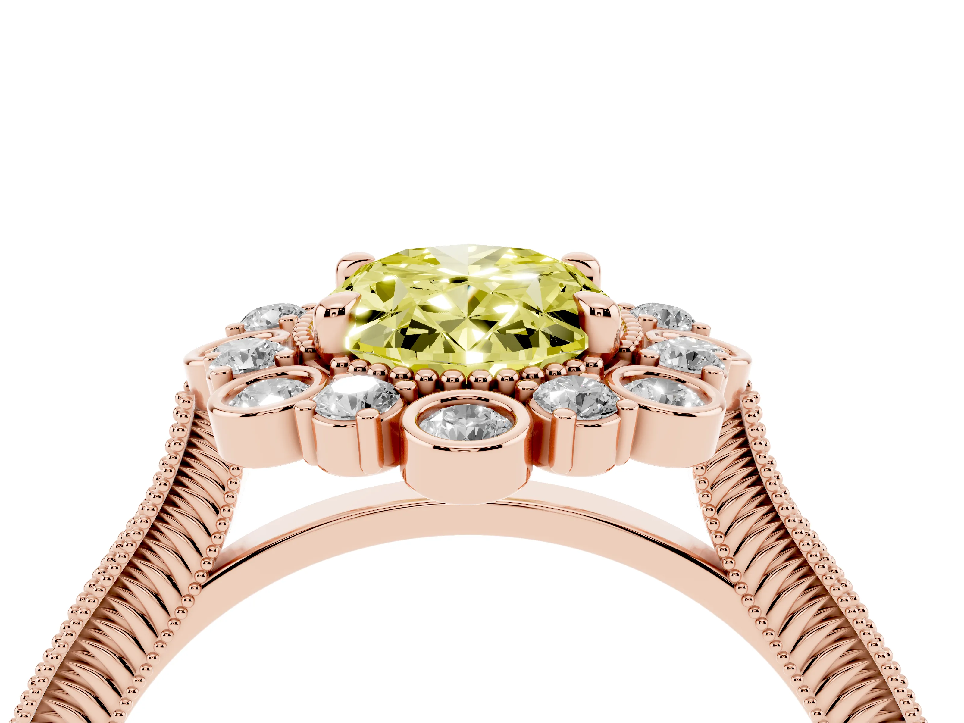 Fancy Yellow Oval Cut Diamond Halo Milgrain Pavé Ring Set in Rose gold with Prong Setting