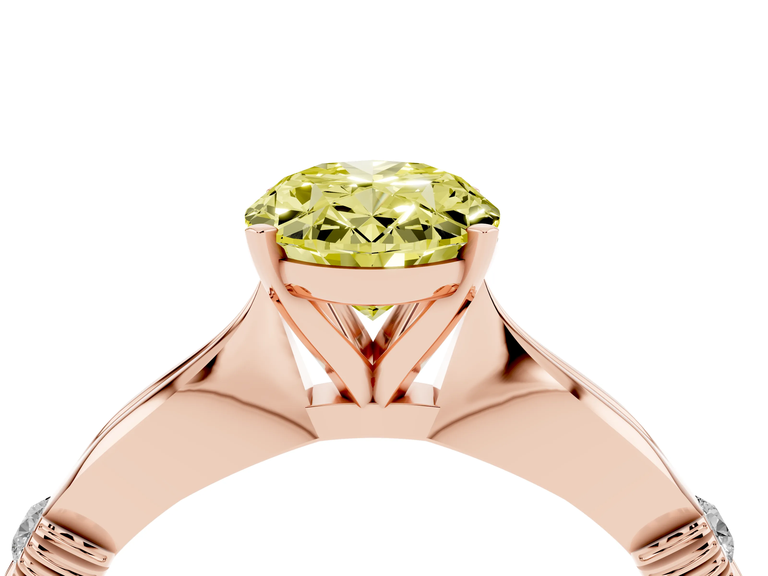Fancy Yellow Oval Cut Diamond Solitaire Twisted Band Ring Set in Rose gold with Accent Stones and Prong Setting