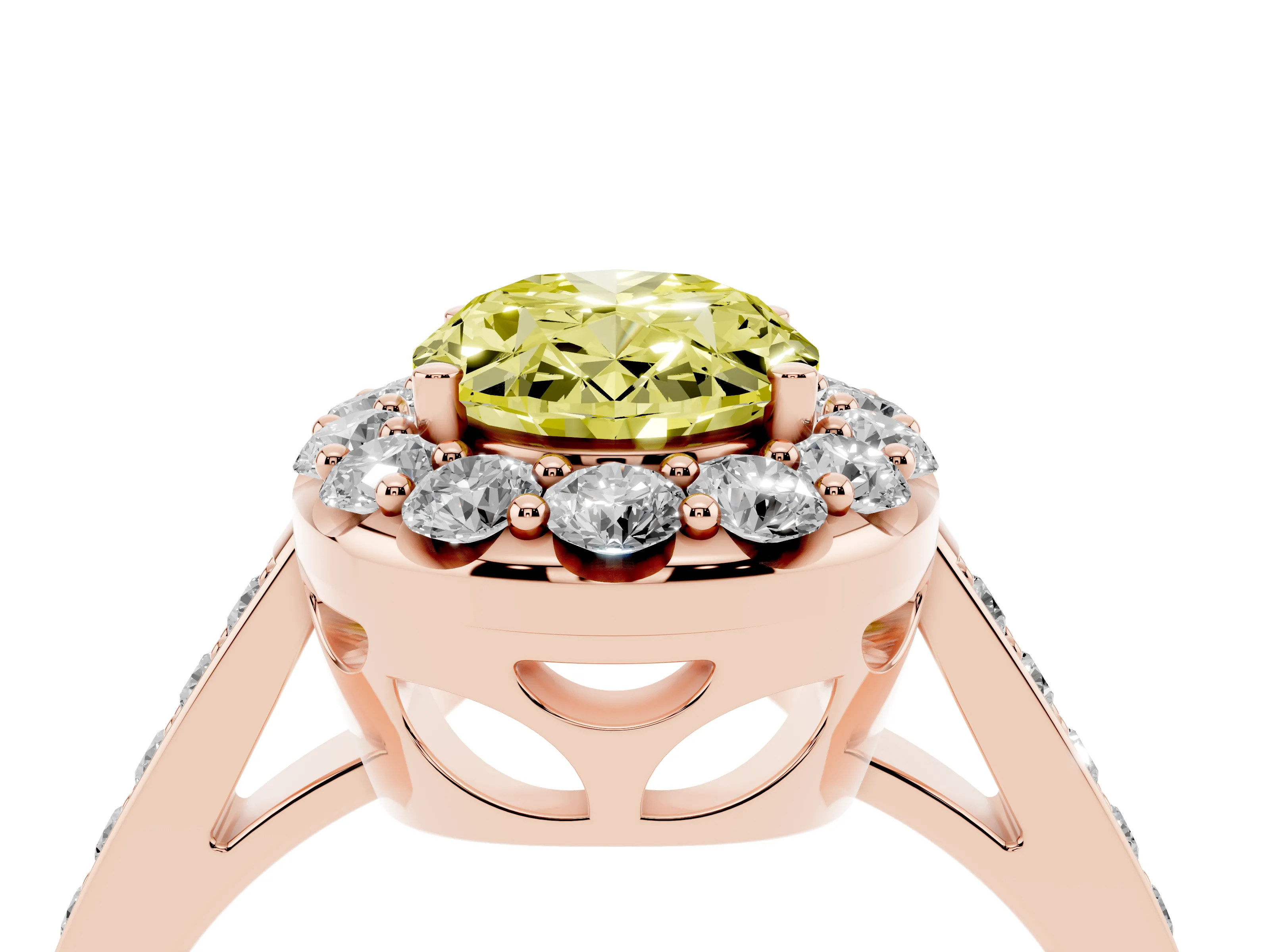 Fancy Yellow Oval Cut Diamond Floral Halo Ring Set in Rose gold with Pavé Band and Prong Setting