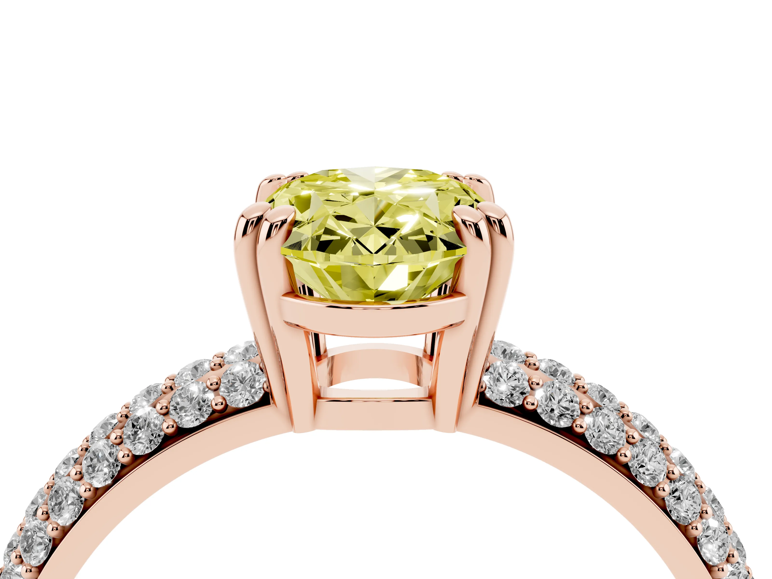 Fancy Yellow Oval Cut Diamond Solitaire Ring Set in Rose gold with Multi-Row Round Pavé Band and Prong Setting