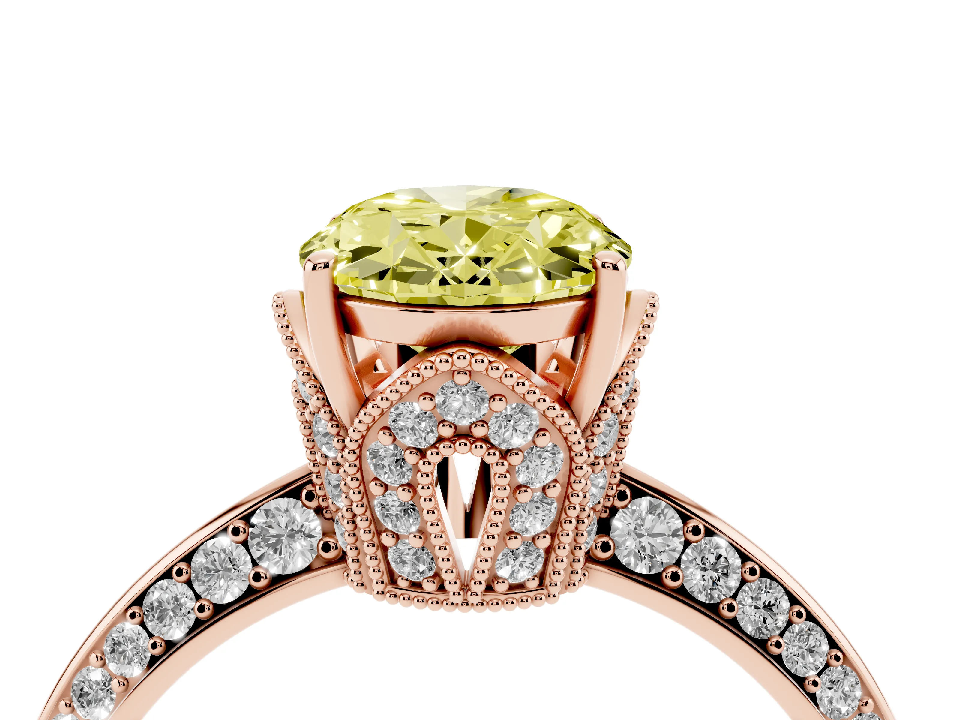 Fancy Yellow Oval Cut Diamond Solitaire Engagement Ring Set in Rose gold with Pavé Split Shank and Prong Setting