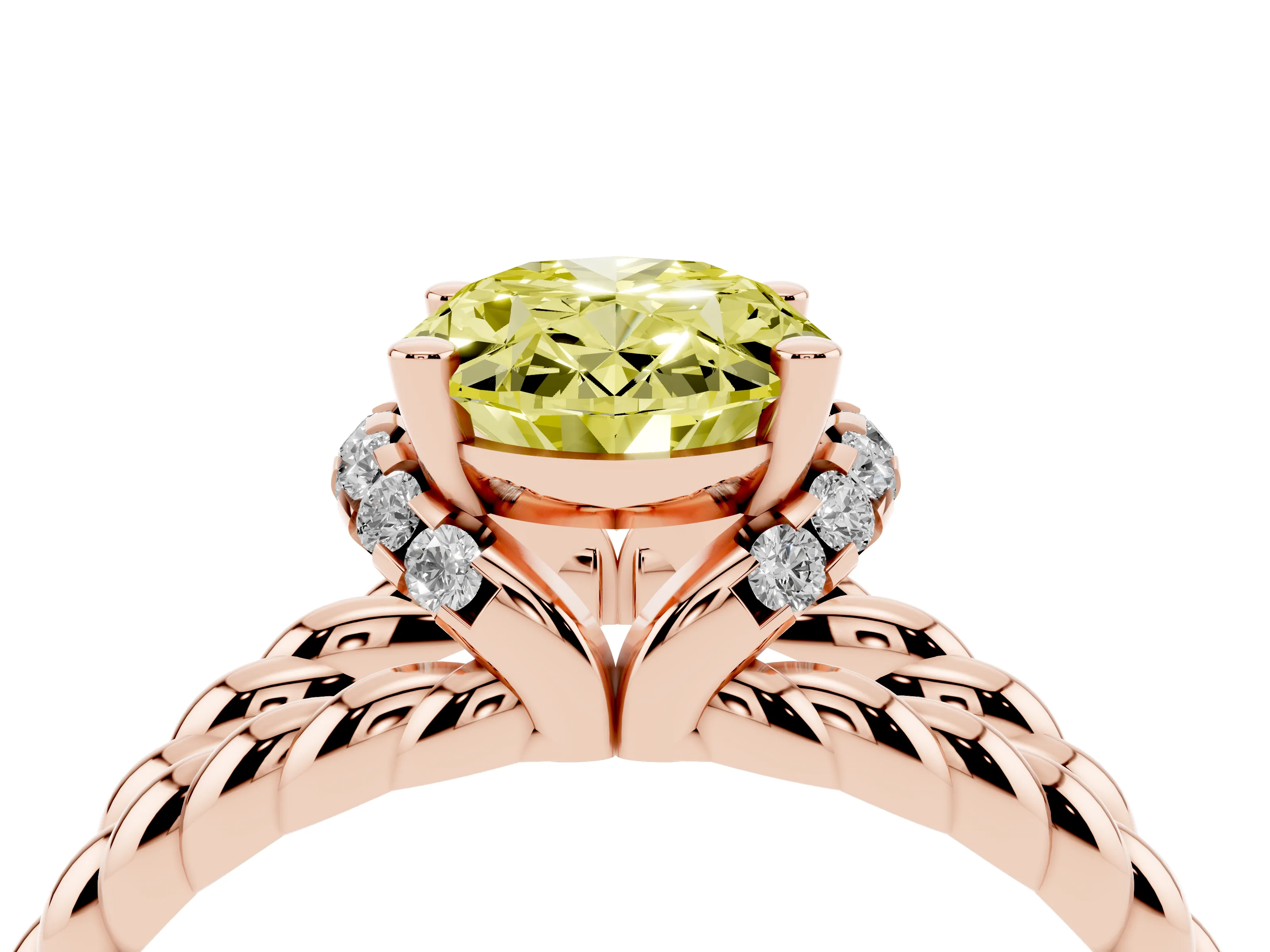 Fancy Yellow Oval Cut Diamond Halo Ring Set in Rose gold with Twisted Band and Prong Setting