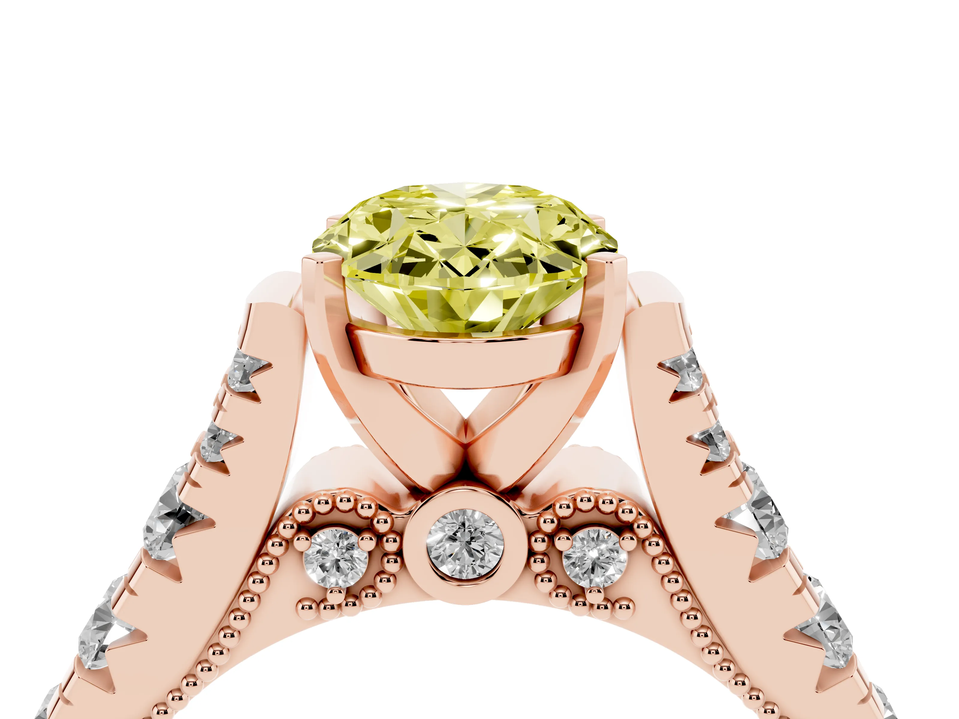 Fancy Yellow Oval Cut Diamond Classic Solitaire Ring Set in Rose gold with Pavé Band and Prong Setting