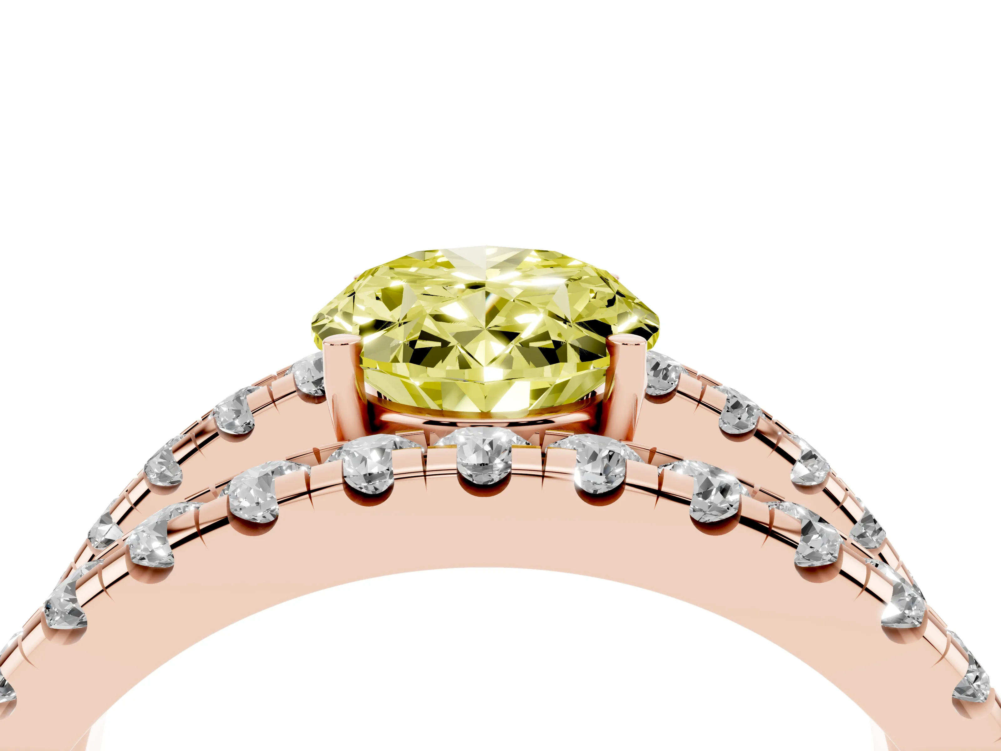 Fancy Yellow Oval Cut Diamond Split Shank Pavé Solitaire Ring Set in Rose gold with Open Shank Design