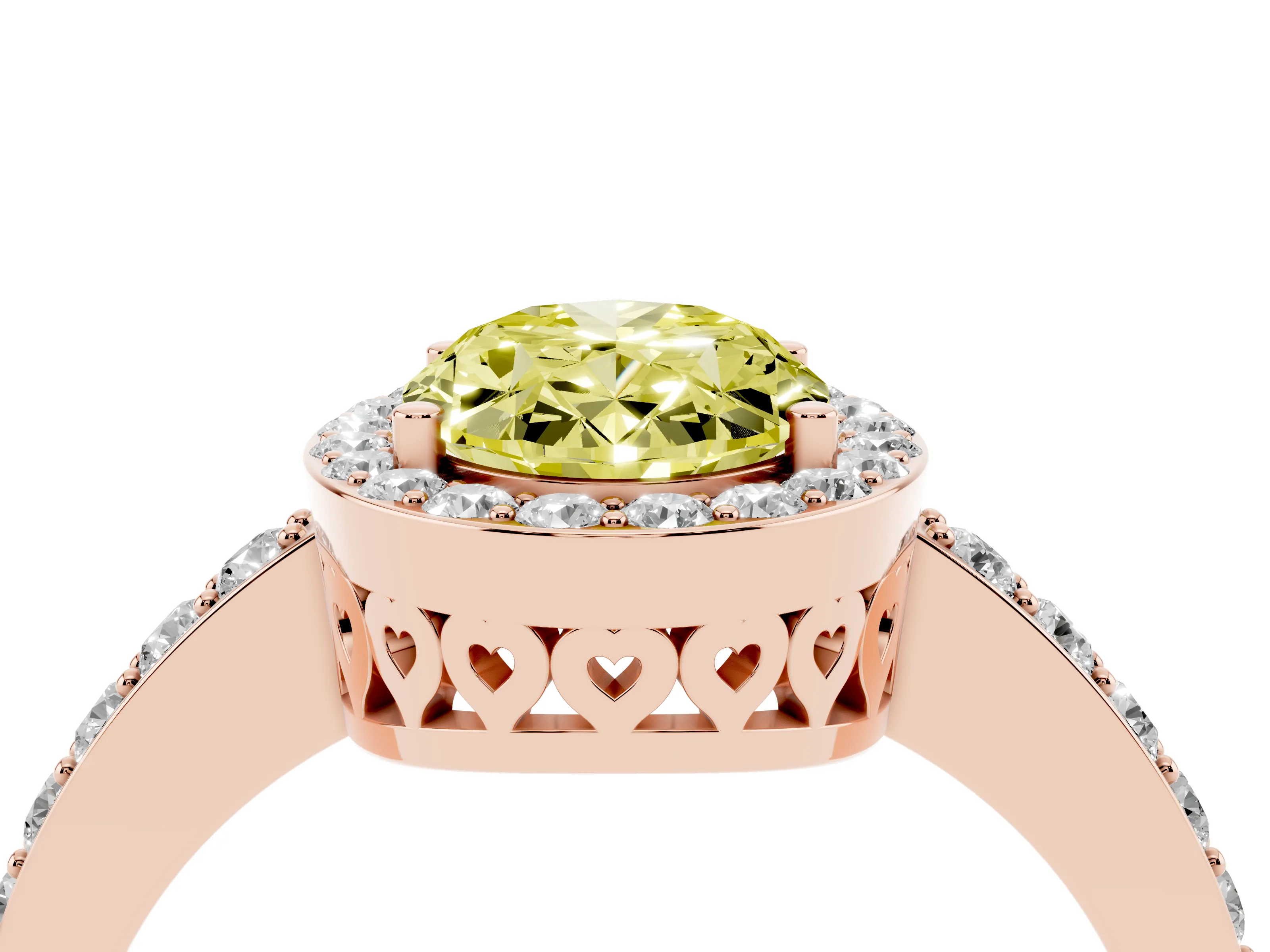 Fancy Yellow Oval Cut Diamond Halo Ring Set in Rose gold with Pavé-Setting Band and Open Prong Center