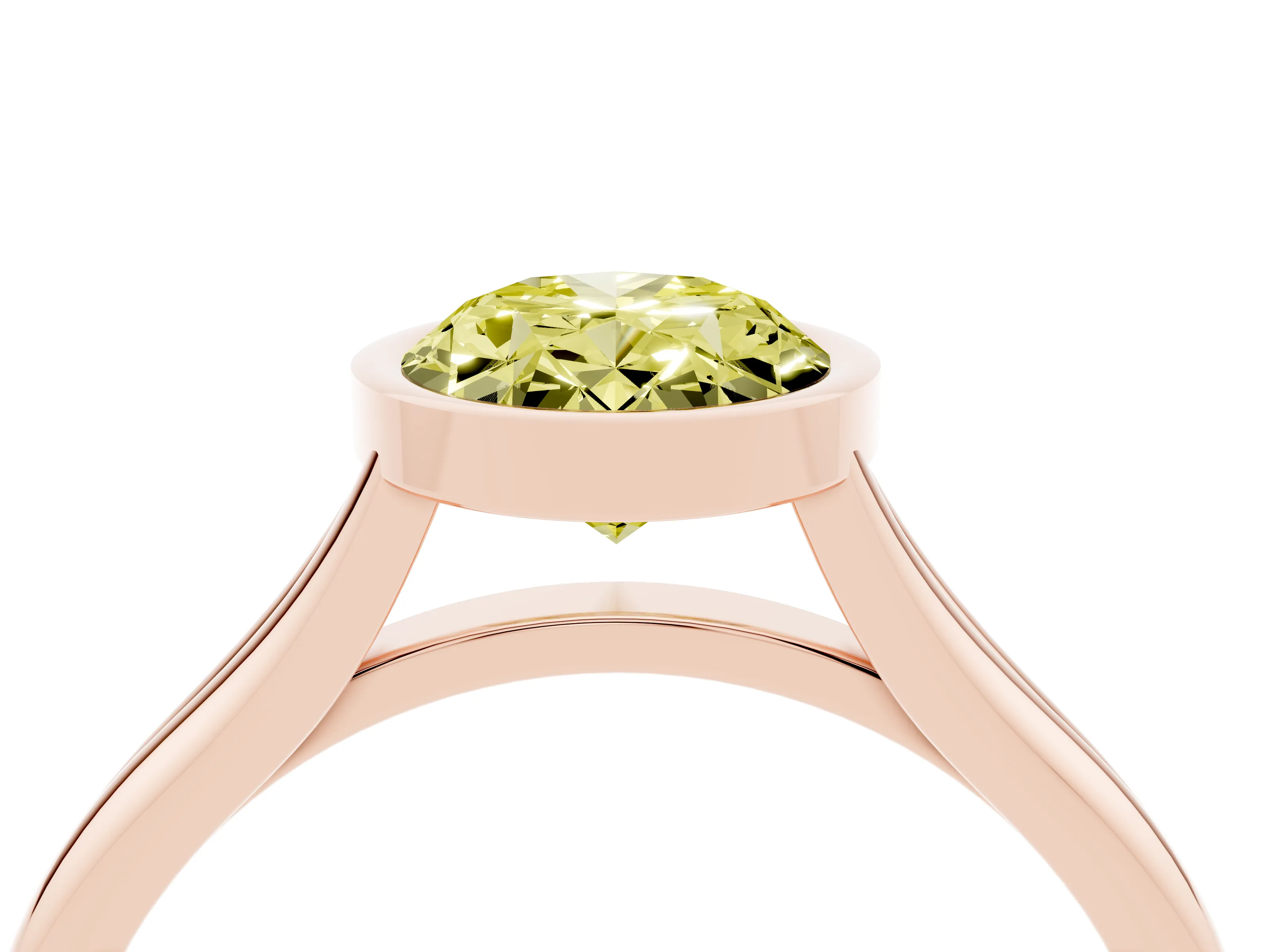 Fancy Yellow Bezel Set Oval Cut Diamond Solitaire Ring Set in Rose gold with Tapered Band
