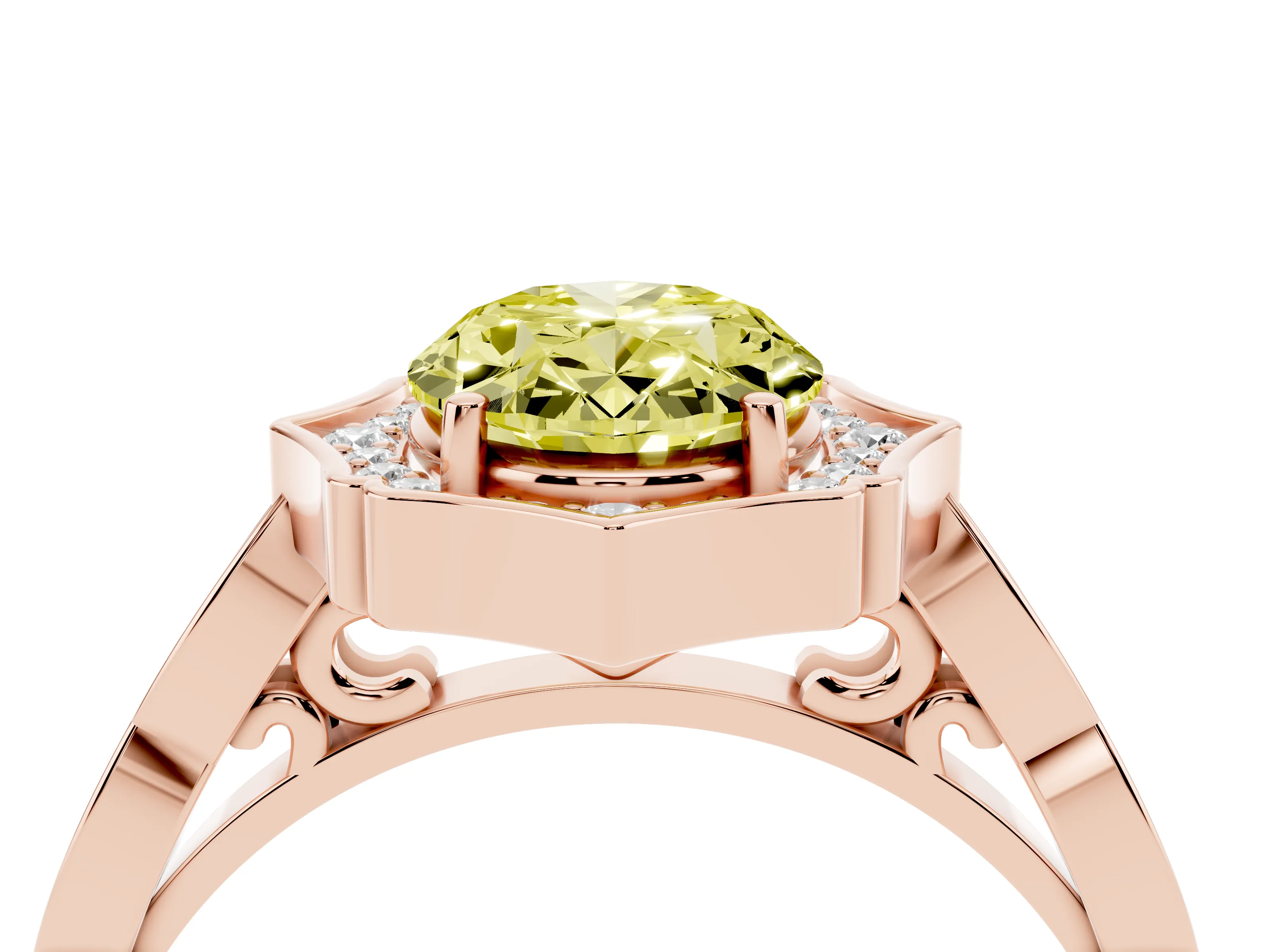 Fancy Yellow Oval Cut Diamond Halo Engagement Ring Set in Rose gold with Milgrain Band and Prong Setting