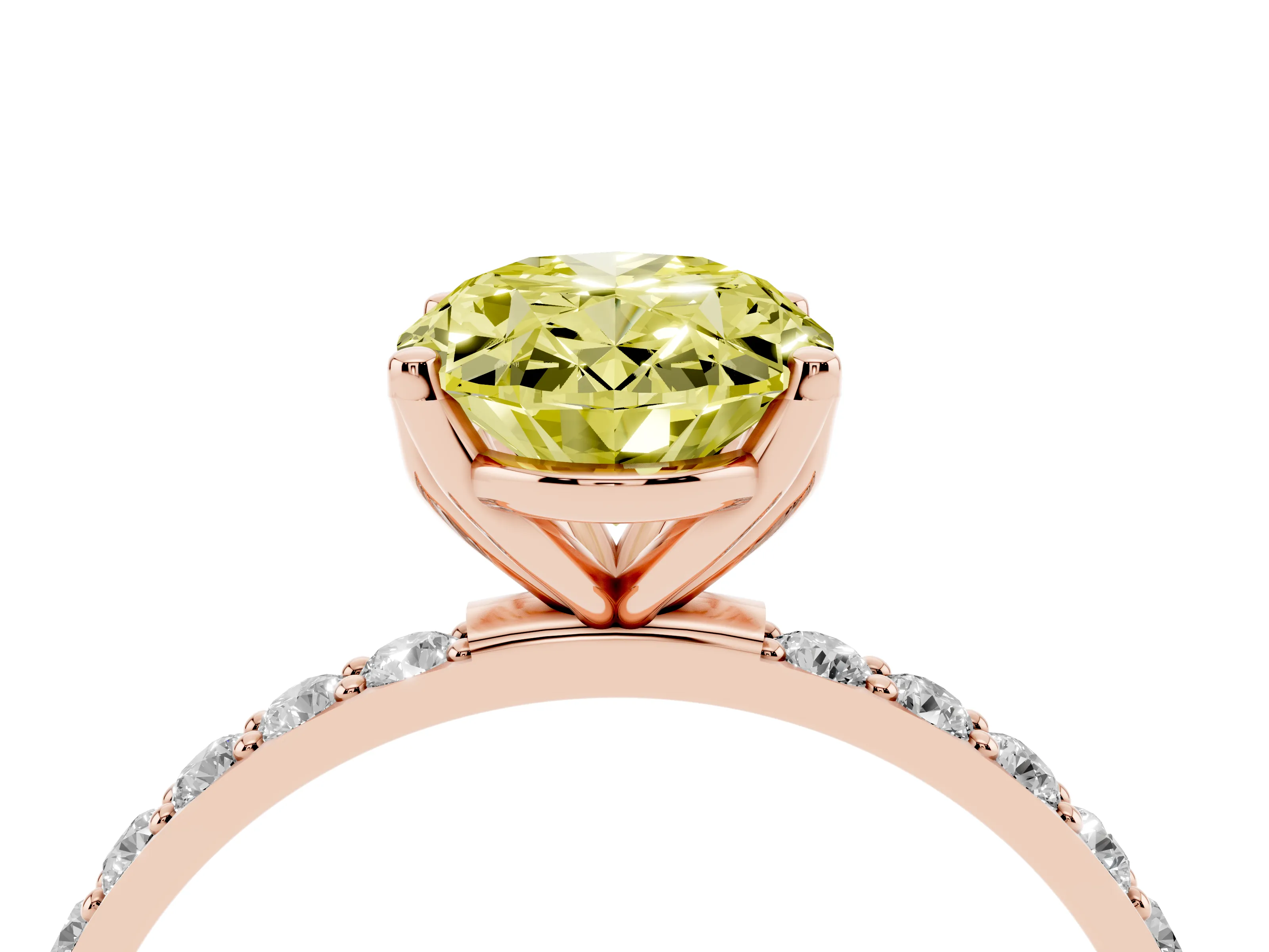 Fancy Yellow Oval Cut Diamond Solitaire Engagement Ring Set in Rose gold with Round Pavé Band and Prong Setting