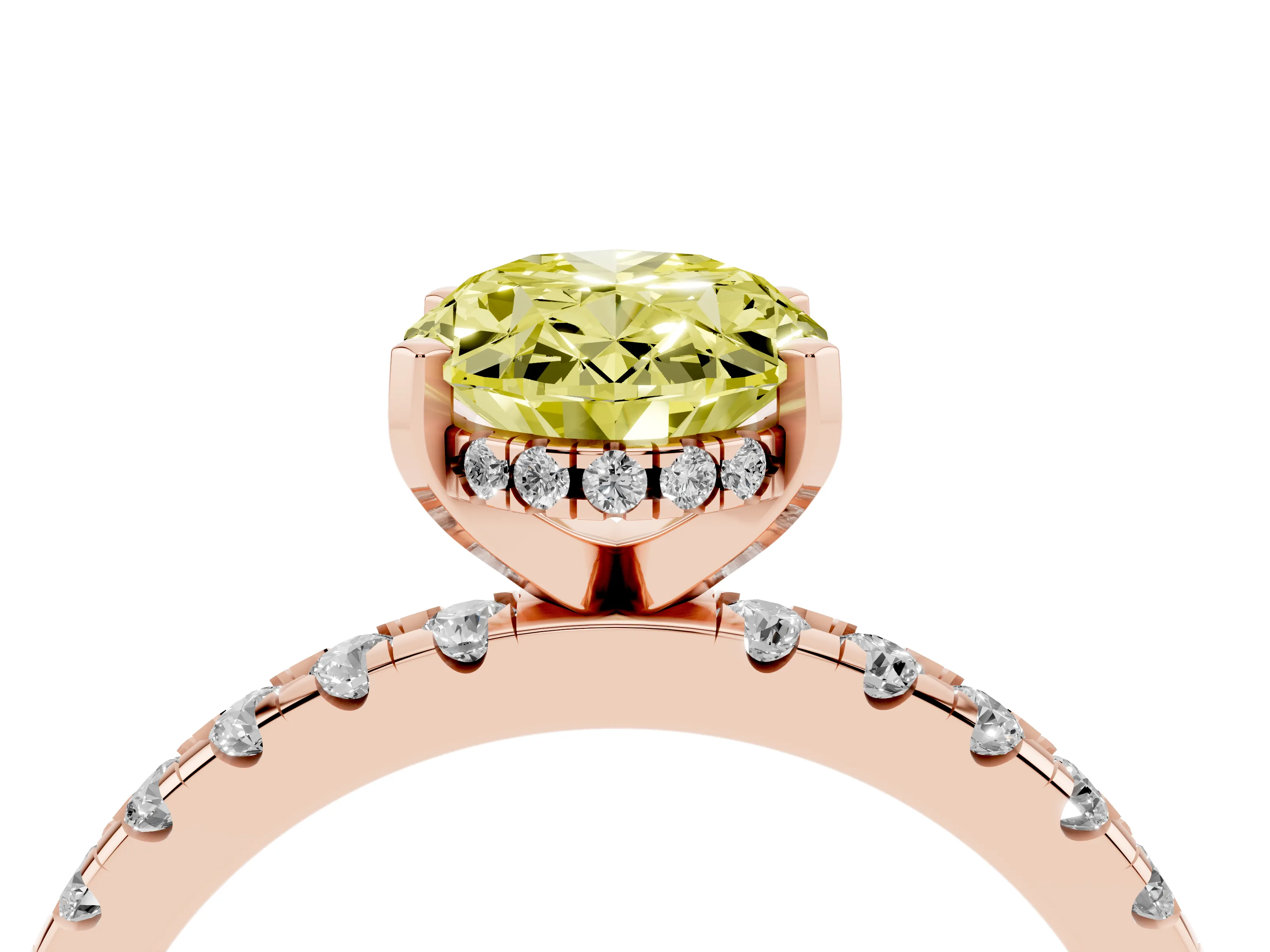 Fancy Yellow Oval Cut Diamond Pavé Solitaire Ring Set in Rose gold with Round Band Accents and Prong Setting